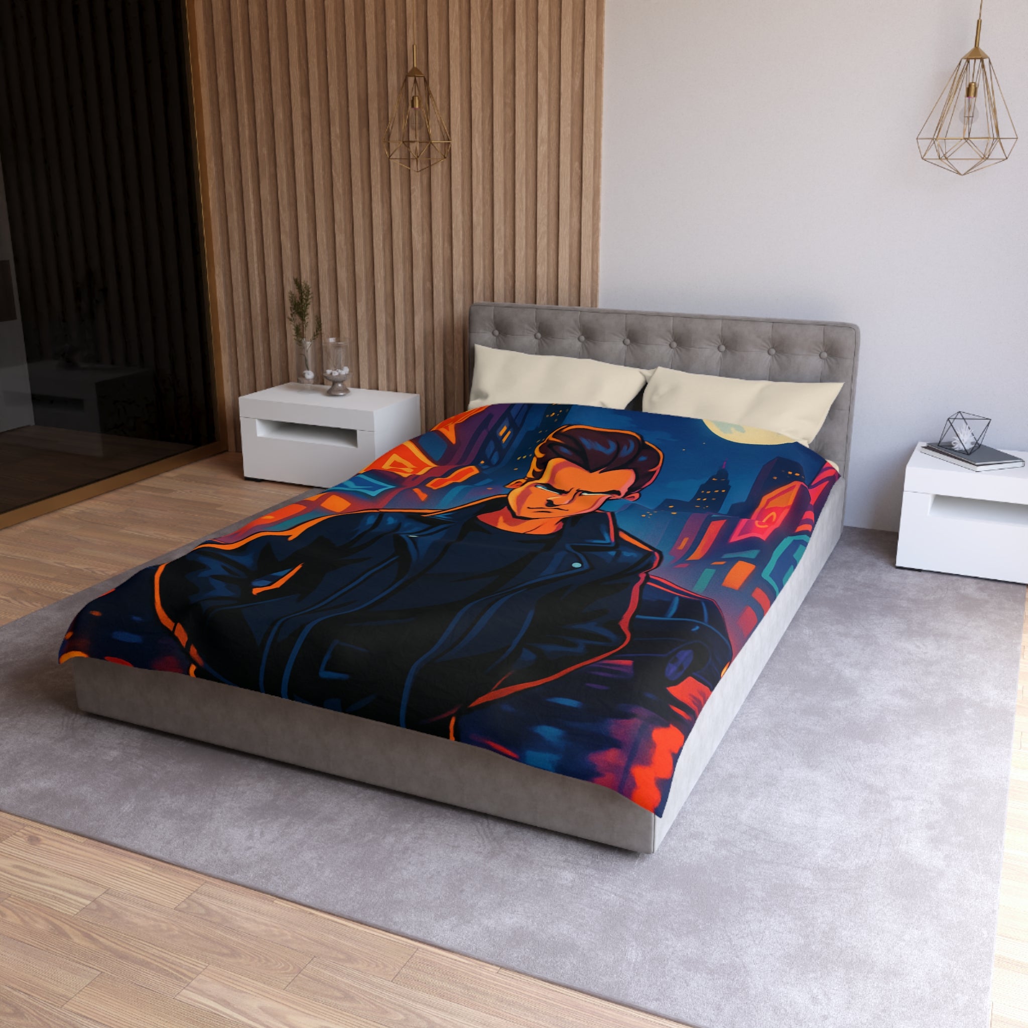 Housse de couette style rétro avec personnage en ville lumineuse sous pleine lune