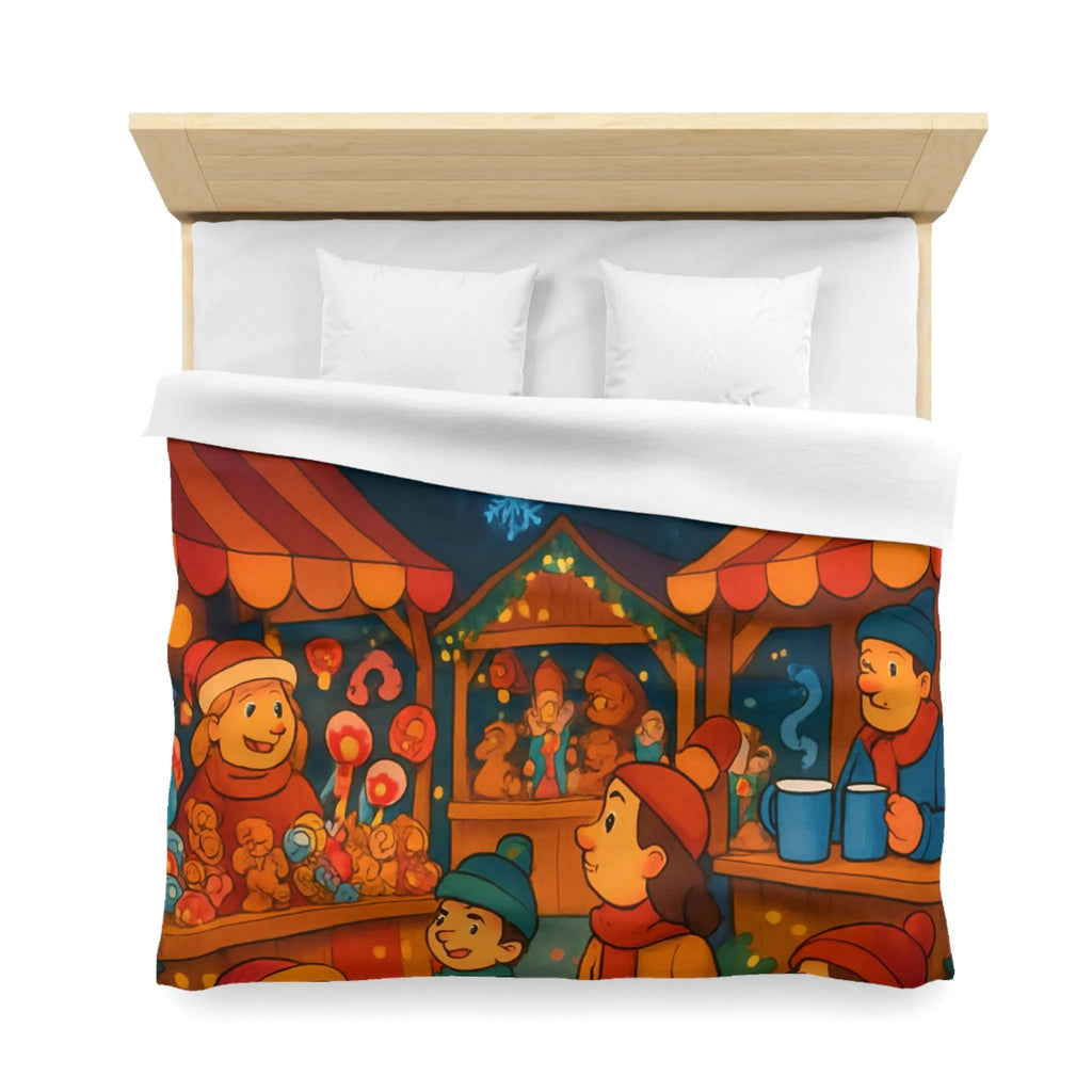 Housse de Couette Enfantine avec Scène Festive de Marché de Noël Illuminé et Joyeux