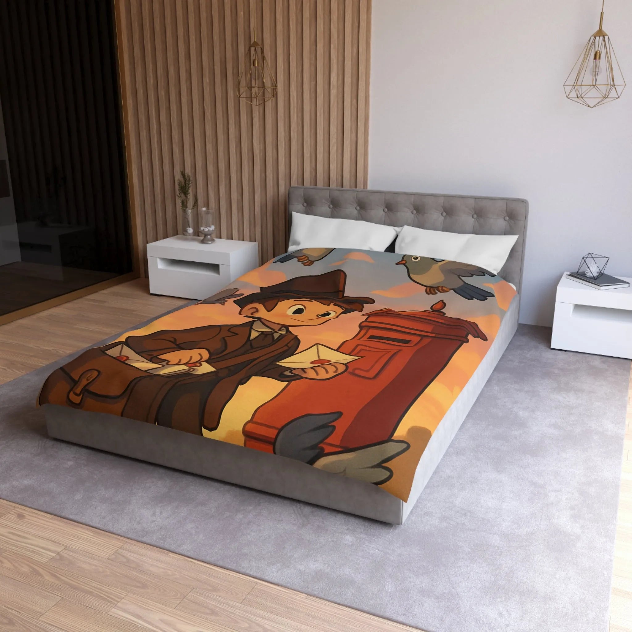 Housse de couette illustrée avec poste vintage et pigeons dans ciel au coucher du soleil