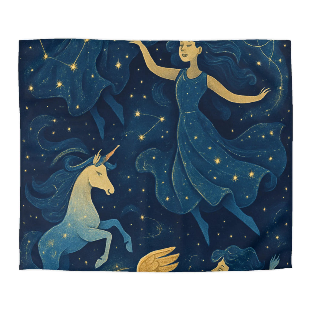 Housse de couette étoilée avec créatures mythiques et danseuses dans une palette bleue or