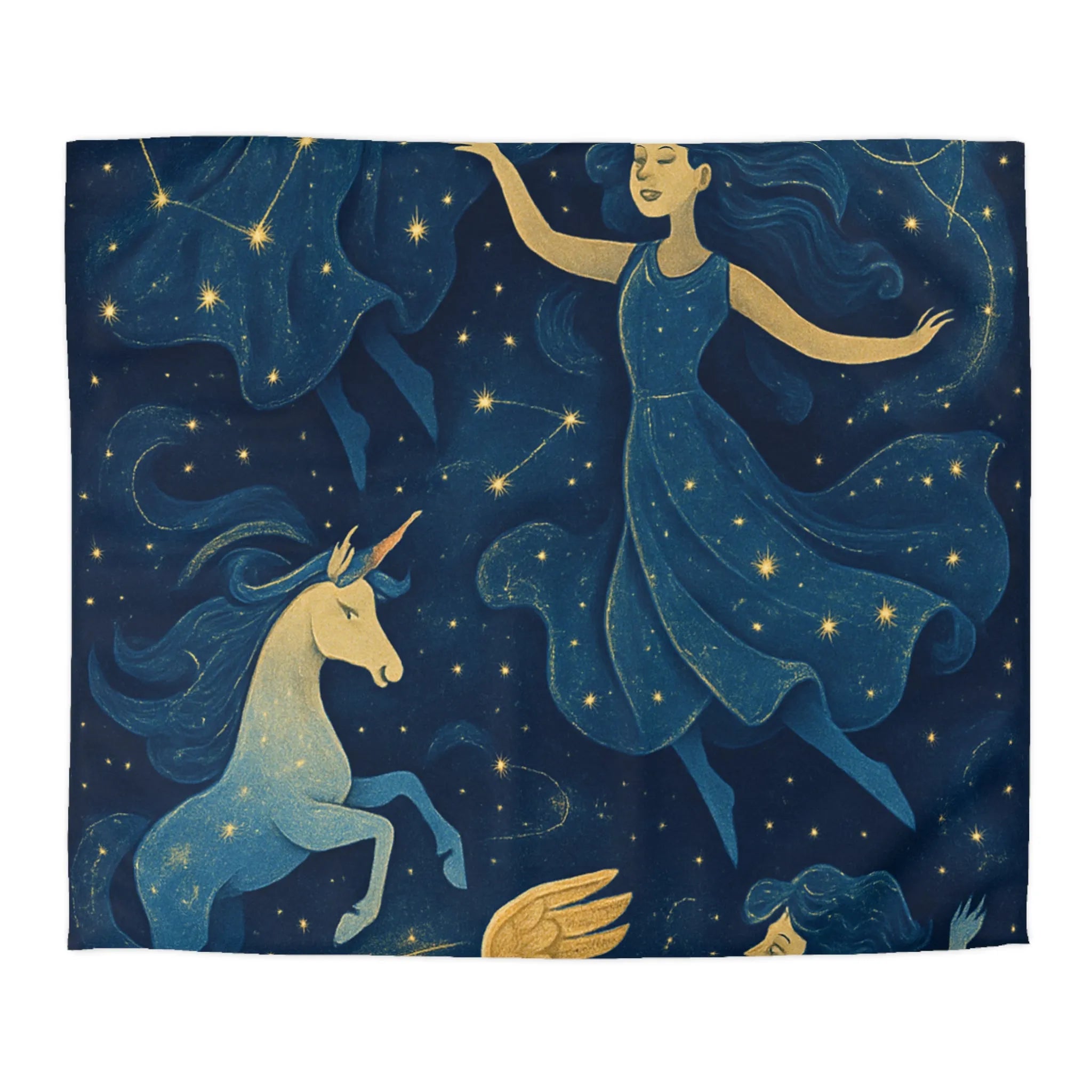 Housse de couette étoilée avec créatures mythiques et danseuses dans une palette bleue or