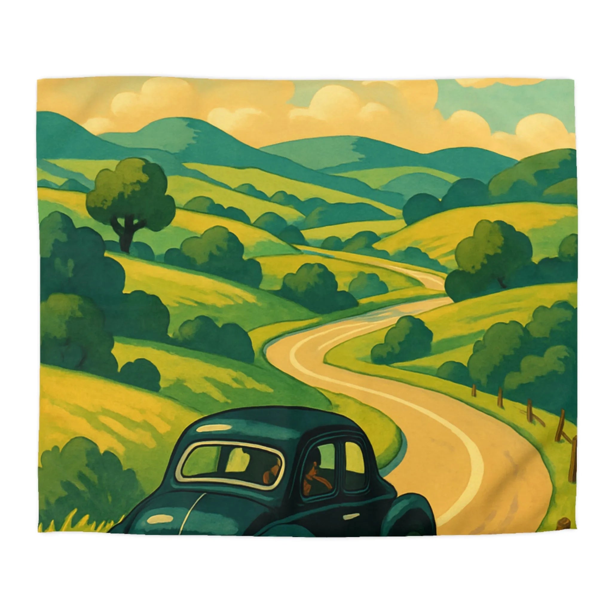 Charmante voiture rétro sur route sinueuse à travers collines verdoyantes et ciel ensoleillé