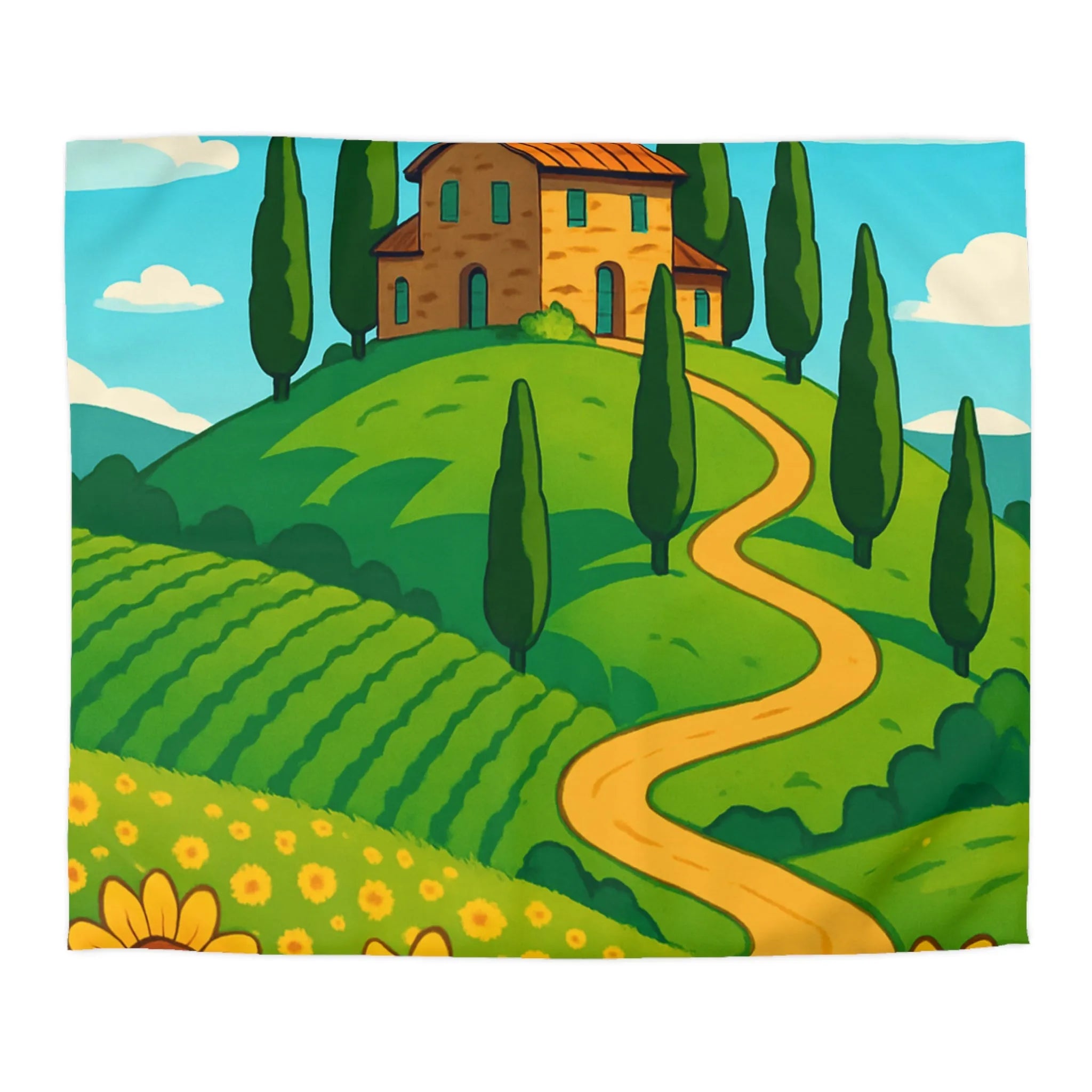 Décoration champêtre colorée : housse de couette avec maison et tournesols vibrants