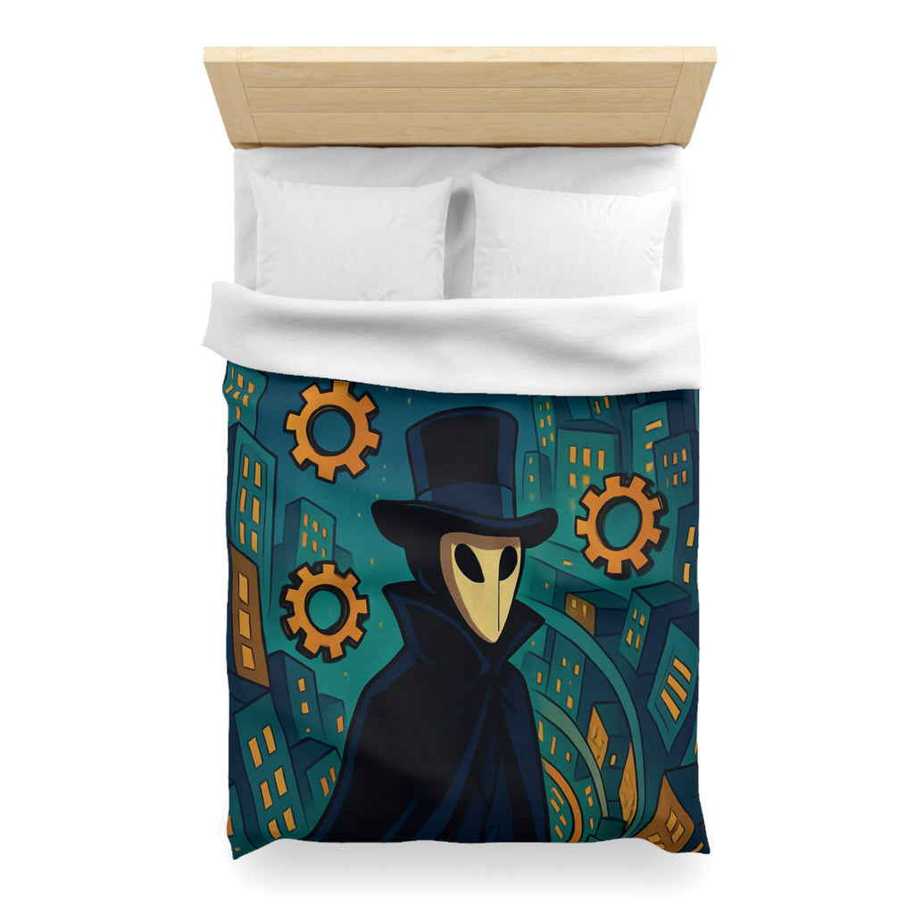 Housse de couette mystérieuse avec personnage masqué, engrenages dorés et ville nocturne