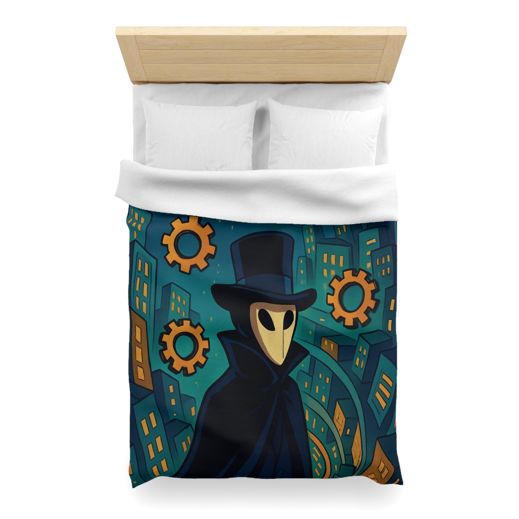 Housse de couette mystérieuse avec personnage masqué, engrenages dorés et ville nocturne