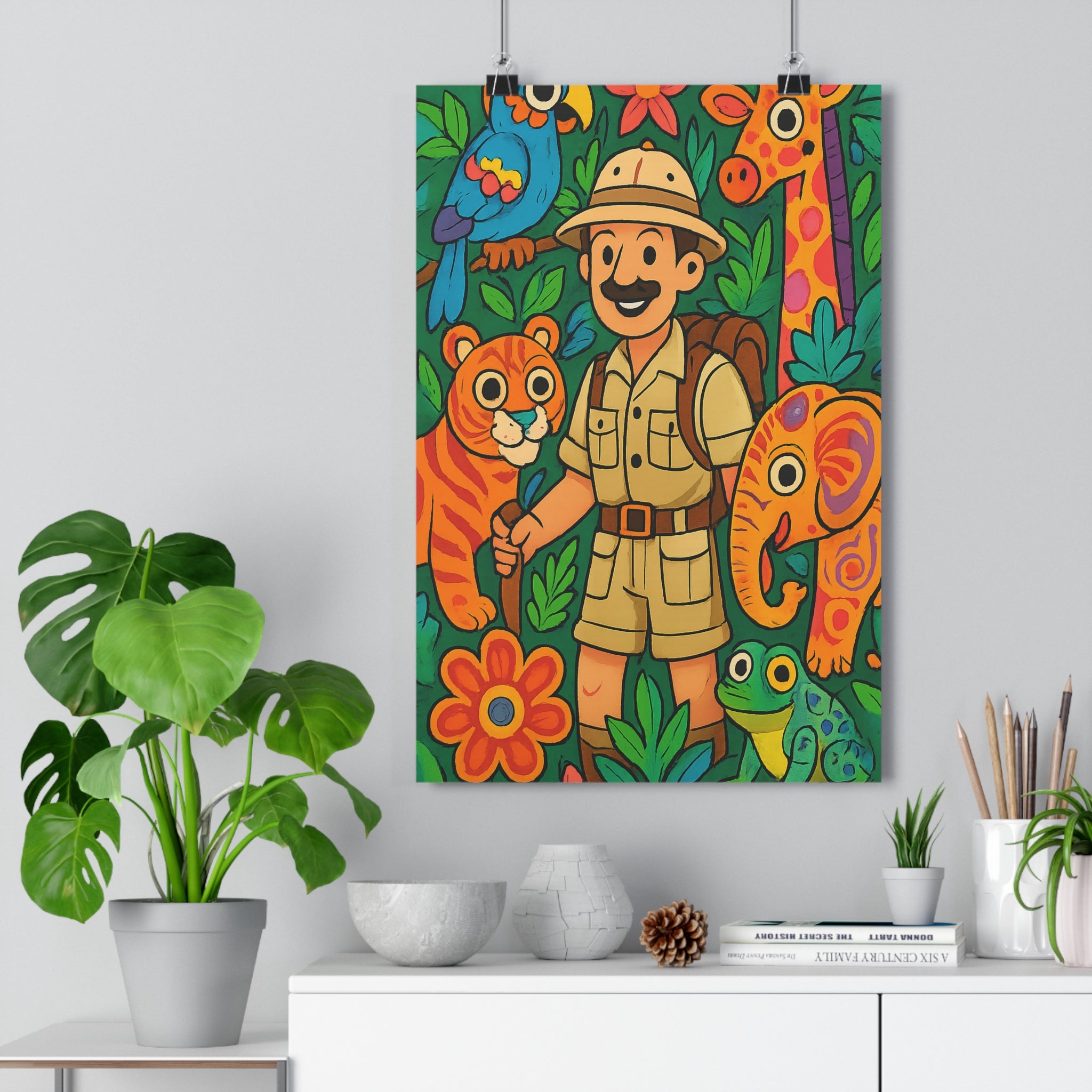 Poster décoratif enfant jungle coloré cartoon aventure joyeux bleu orange vert popart 30x46 chambre