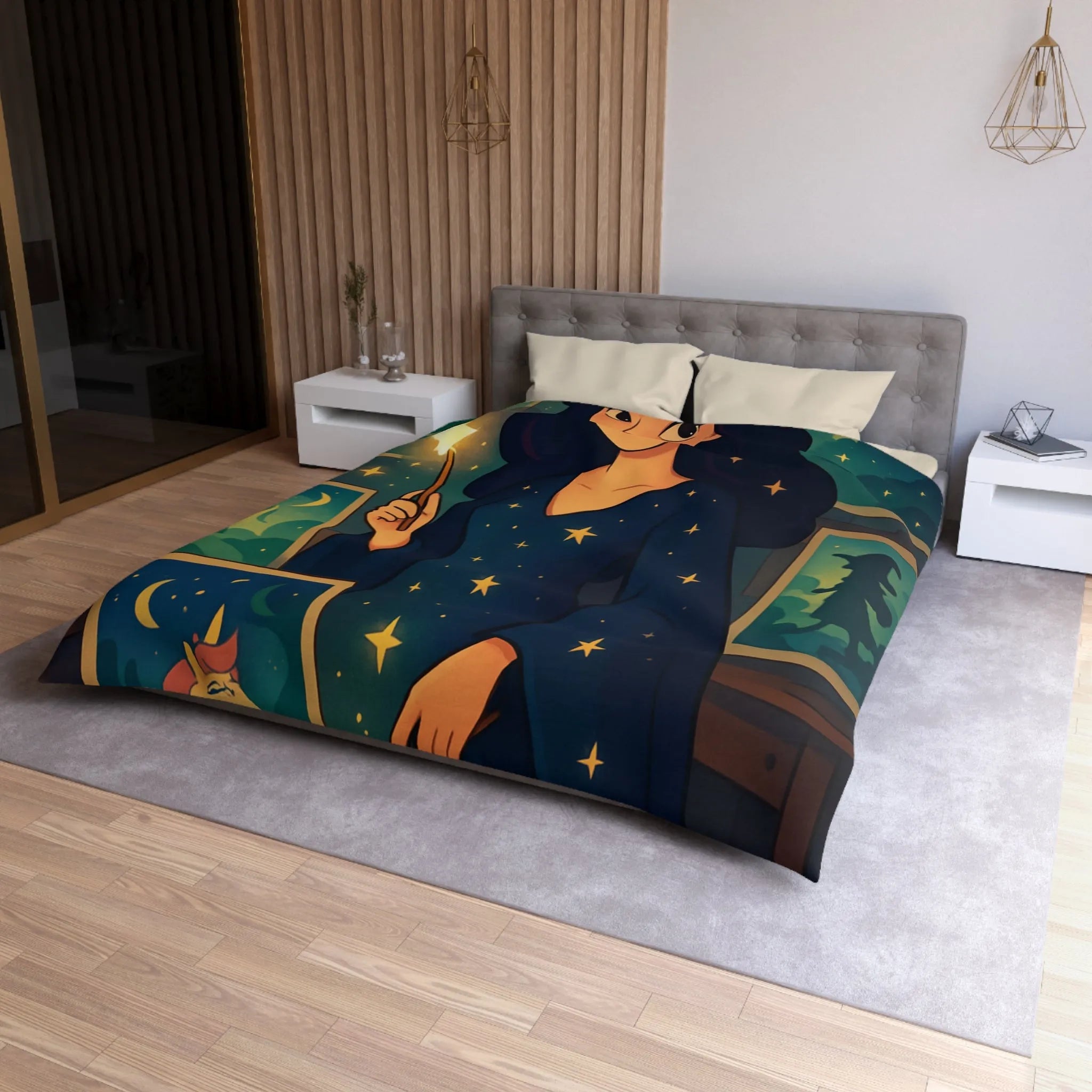 Housse de couette magique avec motif étoilé et créatures fantastiques pour chambre féérique