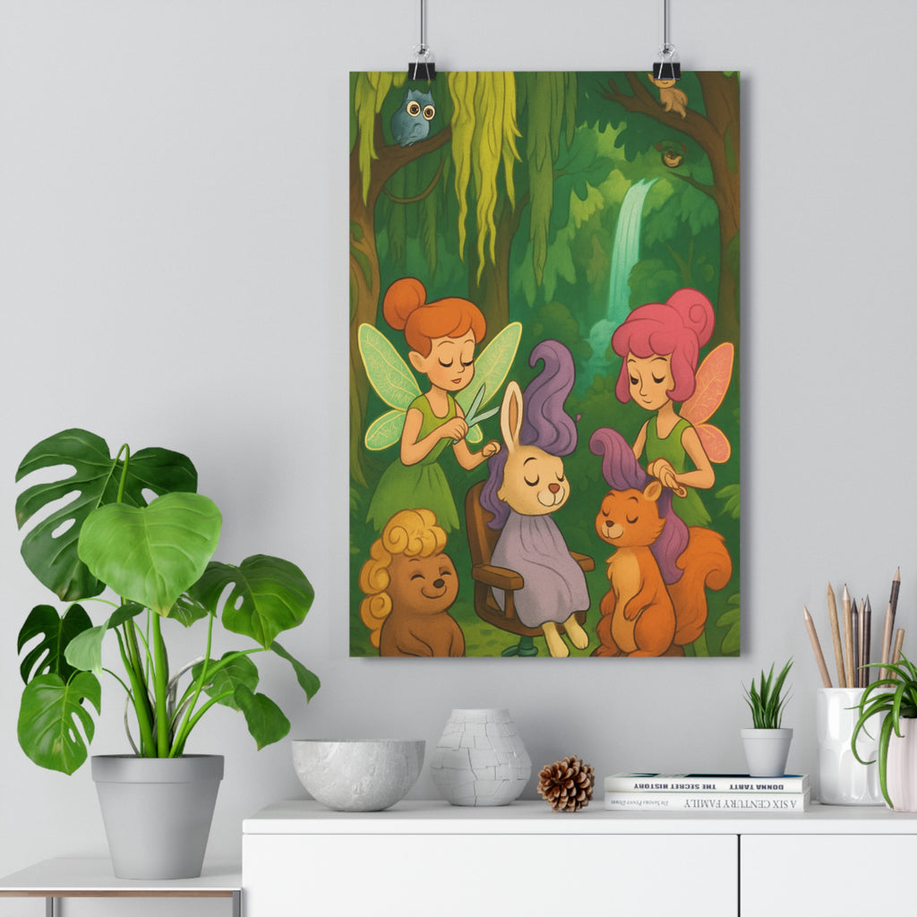 Poster décoratif féerique forêt magique vert lumineux salon enfant enchantement nature illustration fantaisie vibrant