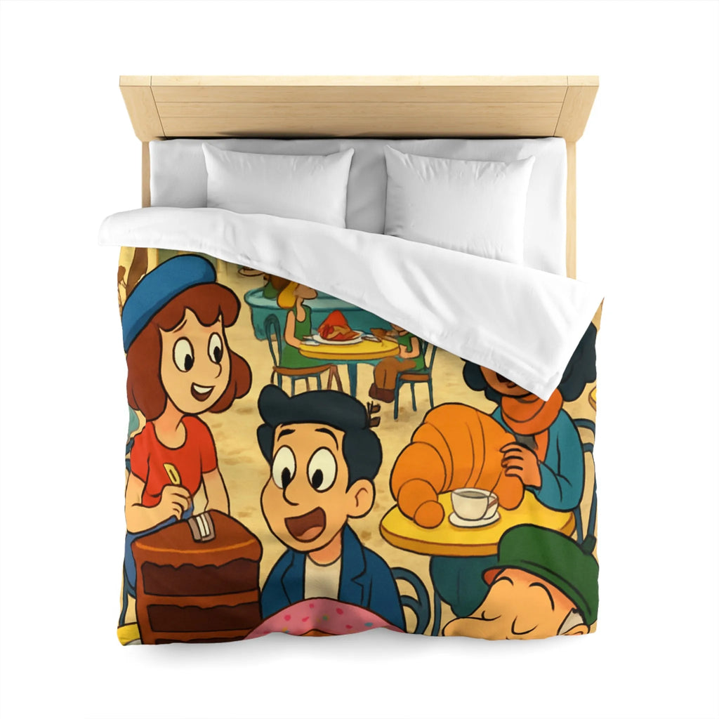 Housse de Couette Illustrée Café Parisien Déjeuner en Plein Air Ambiance Automnale Colorée