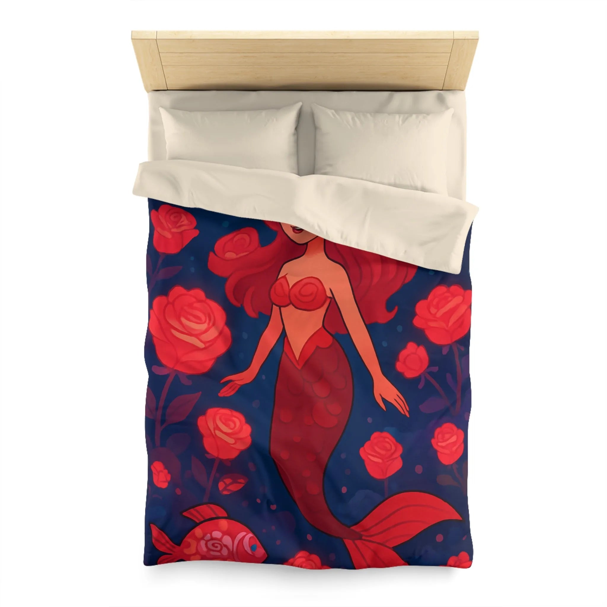 Enchantante scène de sirène rouge entourée de roses lumineuses et poissons fascinants