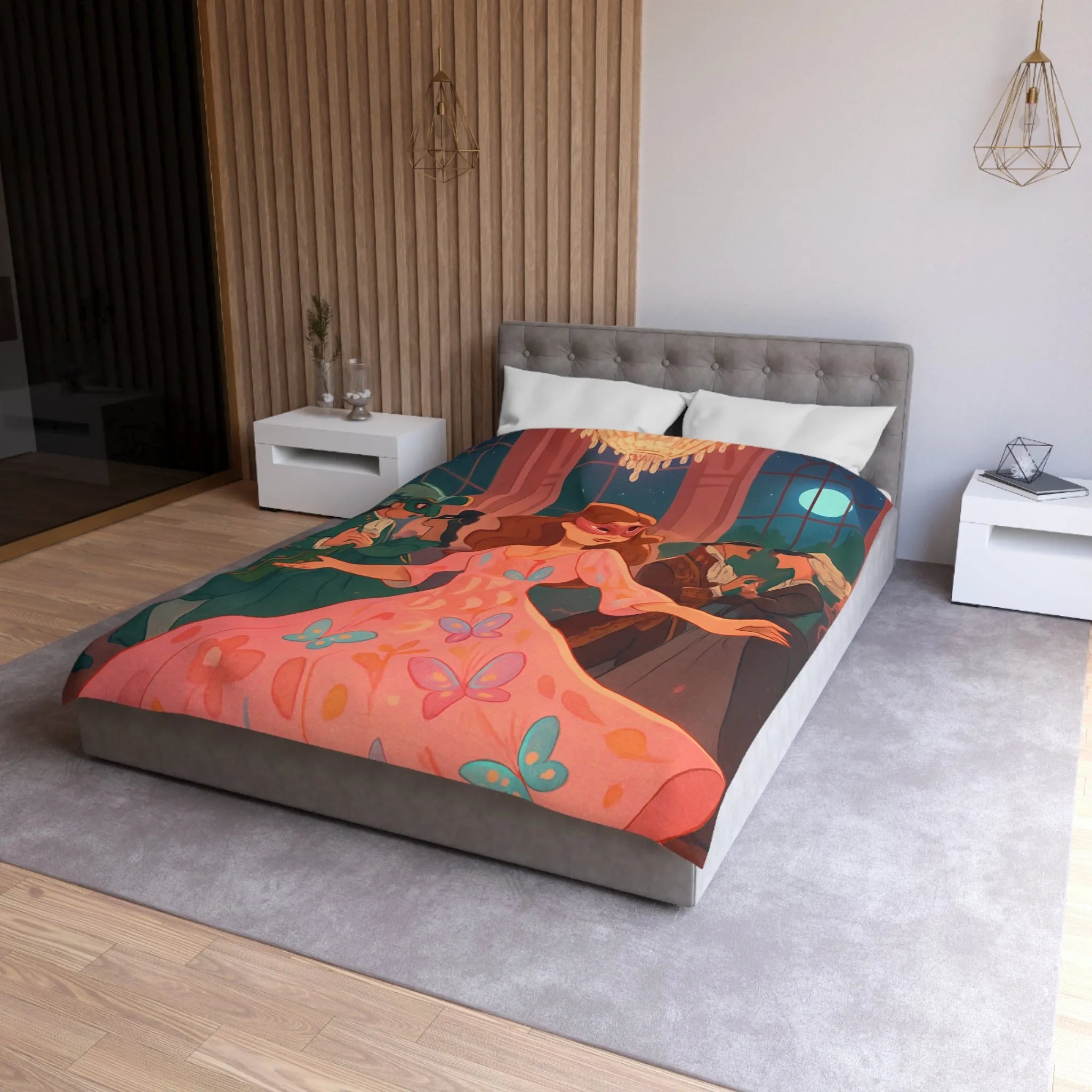 Housse de Couette Élégante avec Femmes Masquées et Papillons dans Bal Éthéré