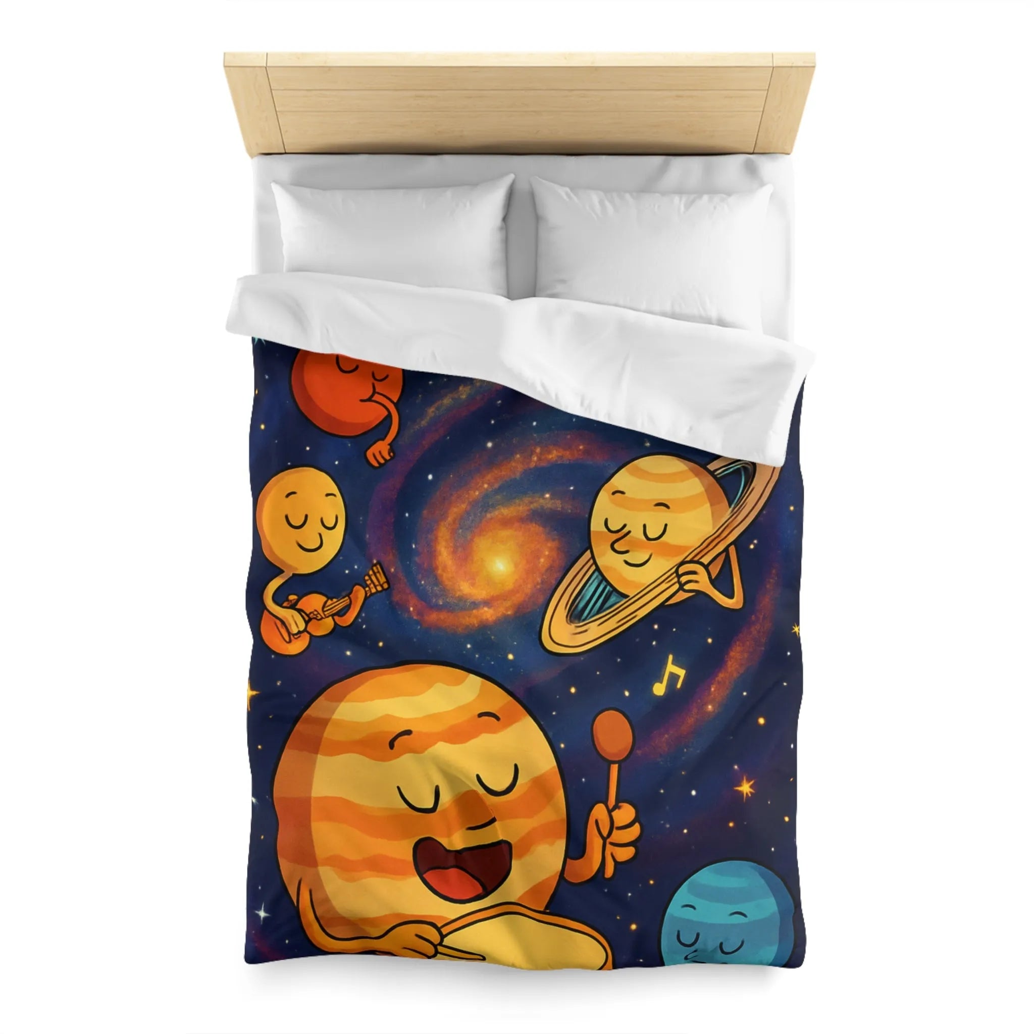 Ensemble joyeux de planètes musiciennes dans l'univers coloré pour housse de couette enfant