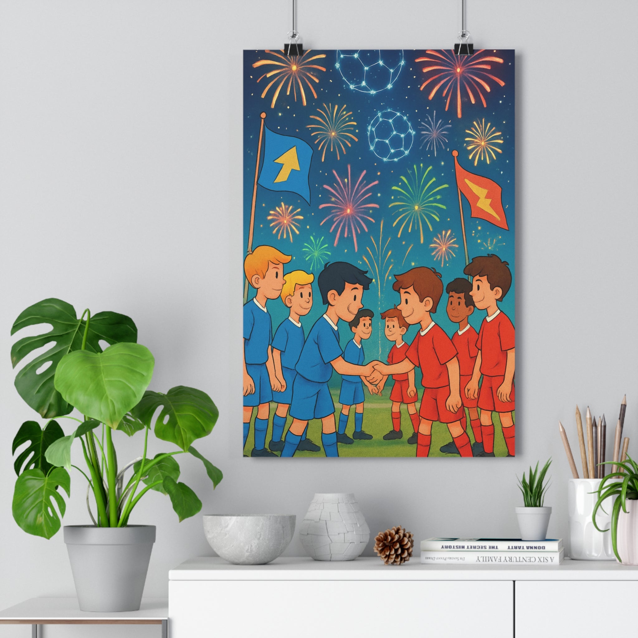 Poster décoratif cartoon bleu rouge aventure joyeux football chambre enfant équipe camaraderie festive terrain