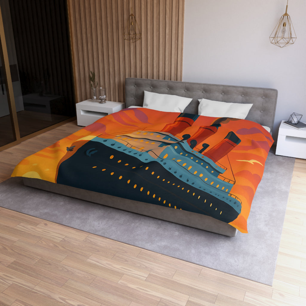 Superbe housse de couette avec paquebot vintage sous un coucher de soleil flamboyant