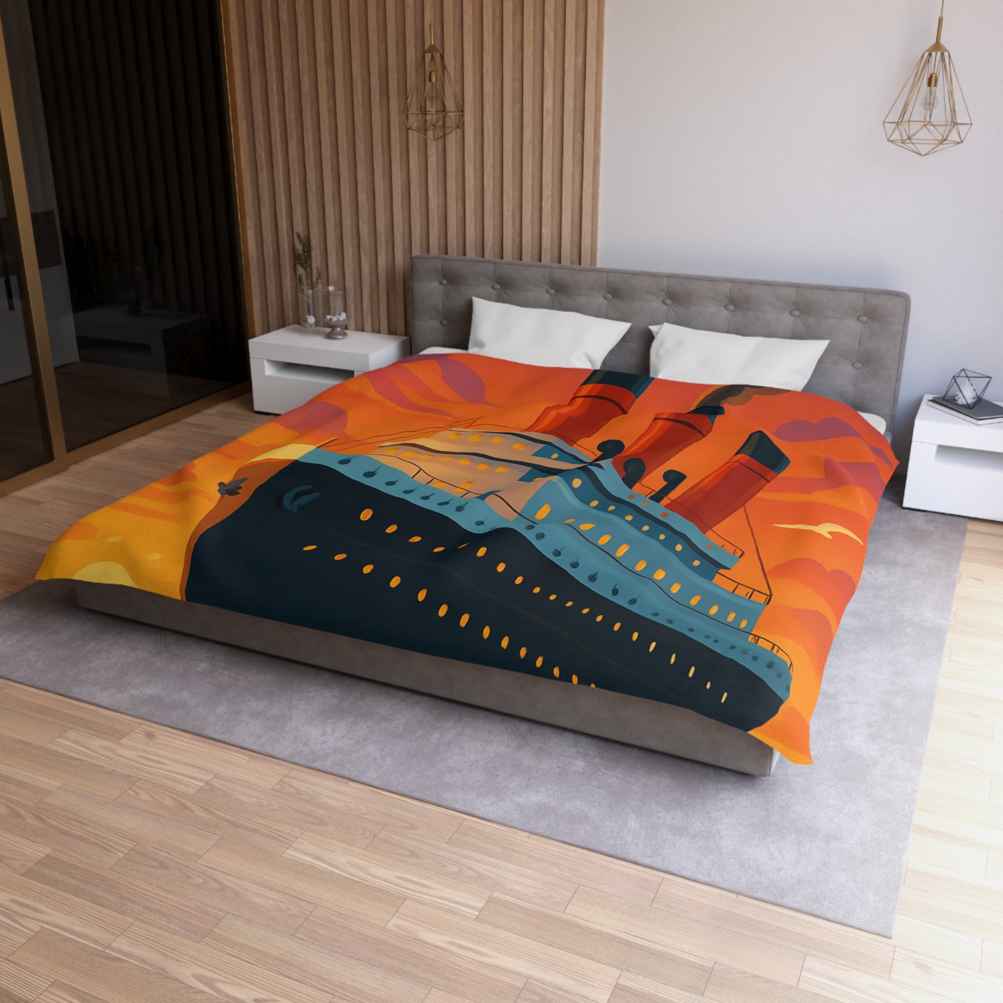 Superbe housse de couette avec paquebot vintage sous un coucher de soleil flamboyant
