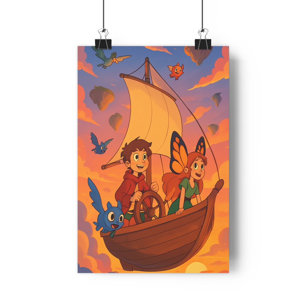 Poster décoratif aventure fantastique ciel rose orange anime magique joyeux chambre salon enfant rêveur