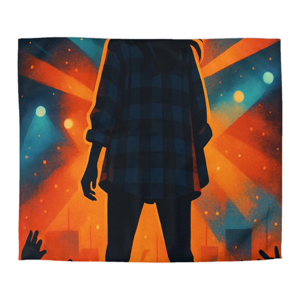 Housse de couette concert silhouette musicien rétro rayons de lumière colorés scène