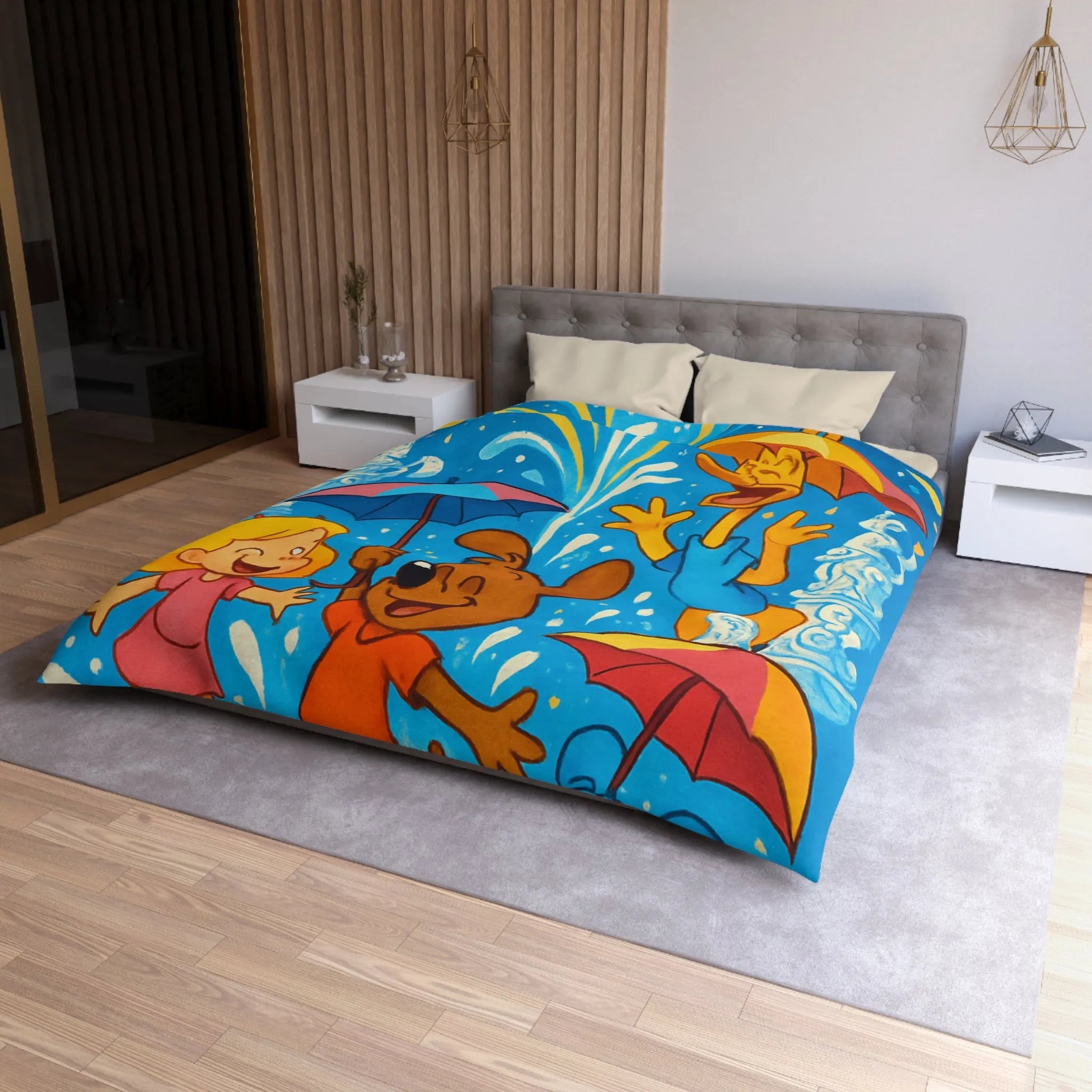 Housse de couette joyeuse avec animaux et enfants sous feux d'artifice colorés