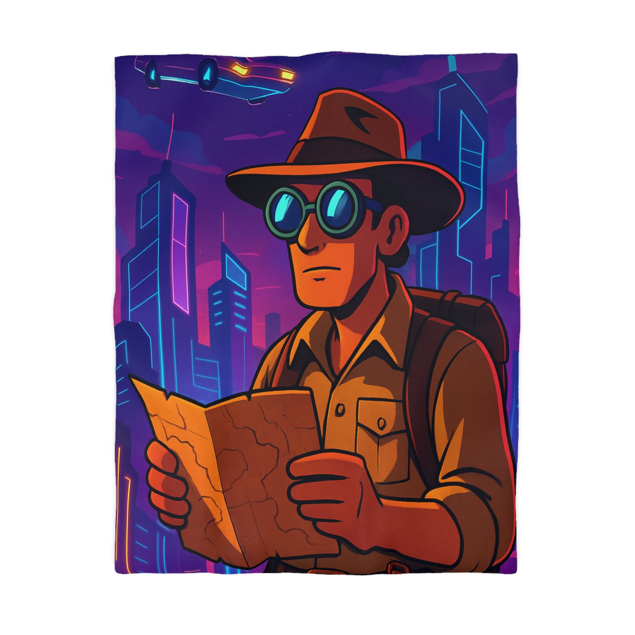 Housse de couette rétro futuriste avec explorateur urbain et voiture volante néon