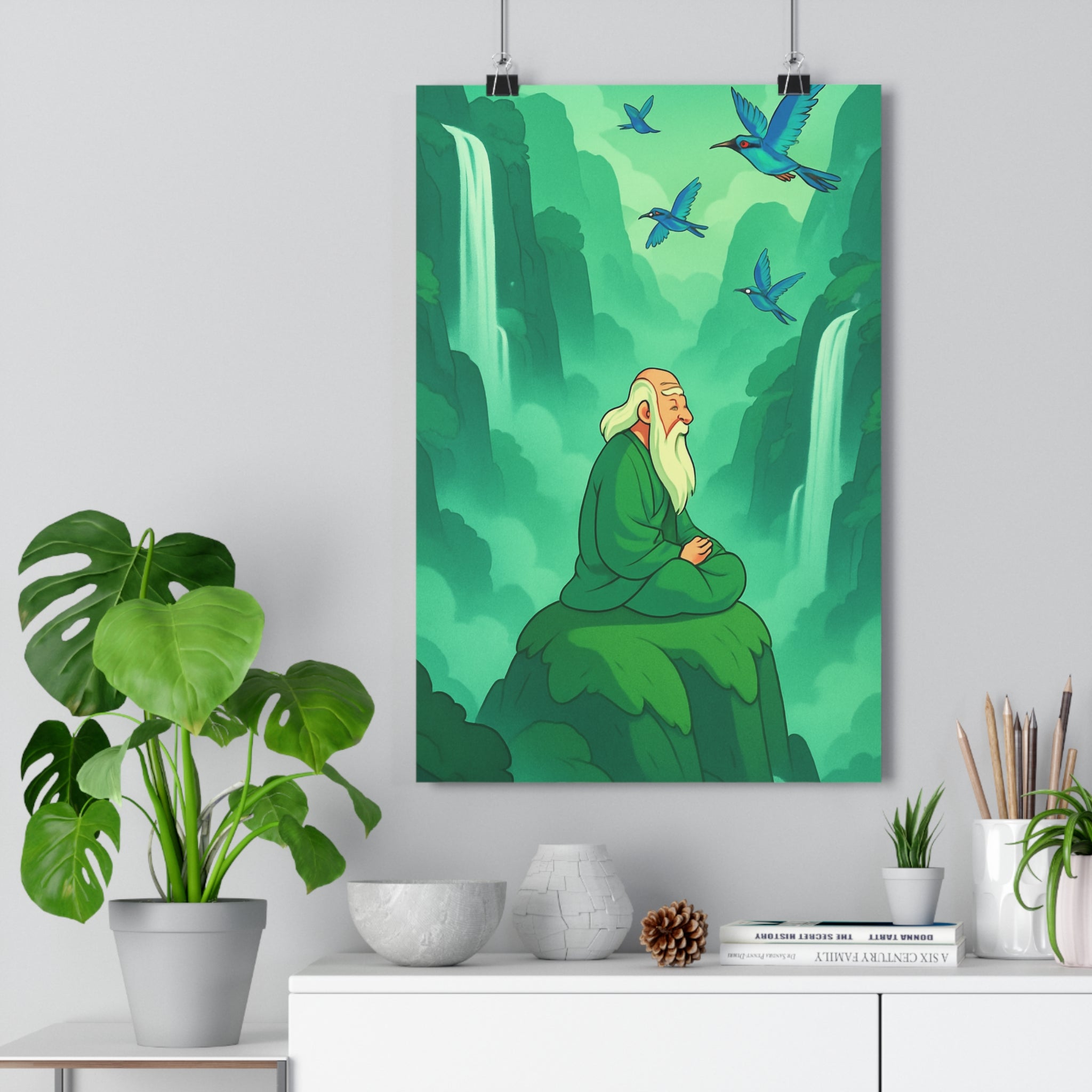 Poster décoratif animé vert bleu mystique salon méditation nature cascade zen impression paysage qualité