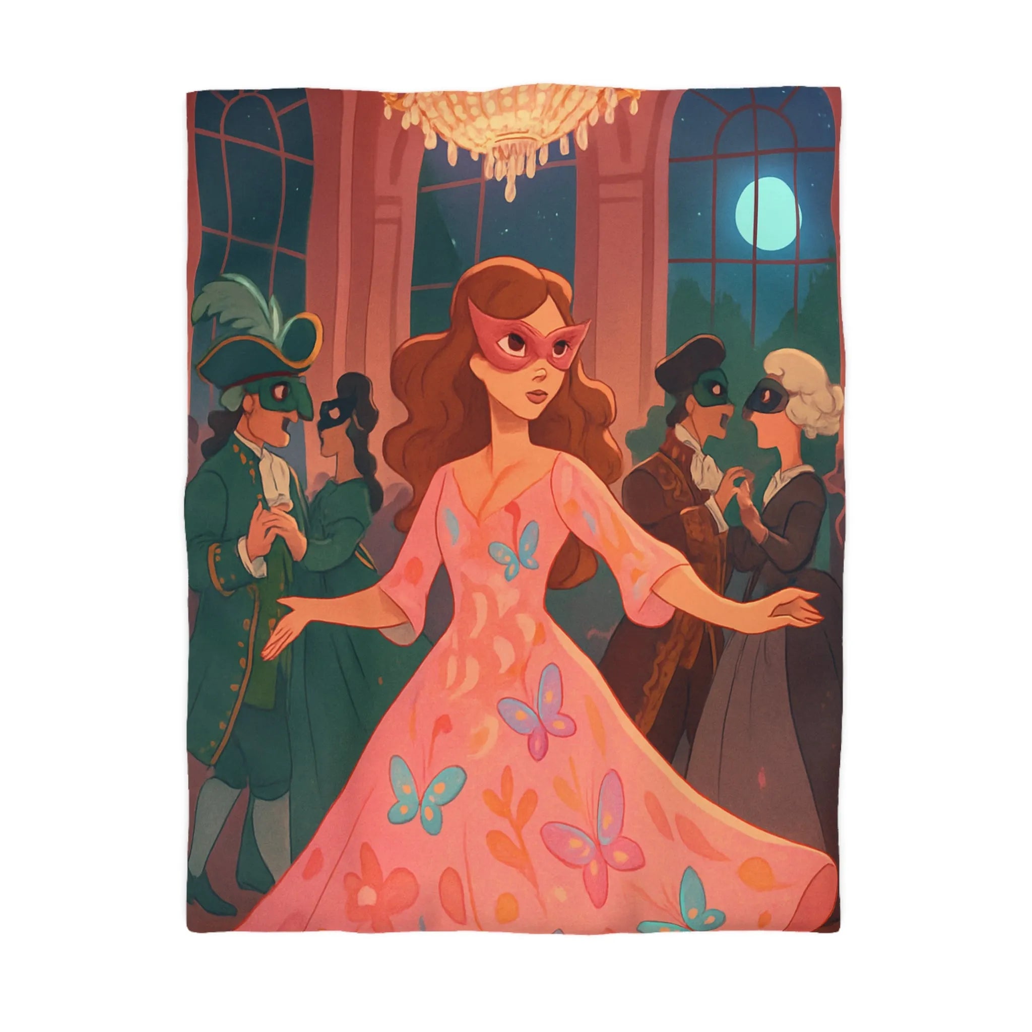 Housse de Couette Élégante avec Femmes Masquées et Papillons dans Bal Éthéré