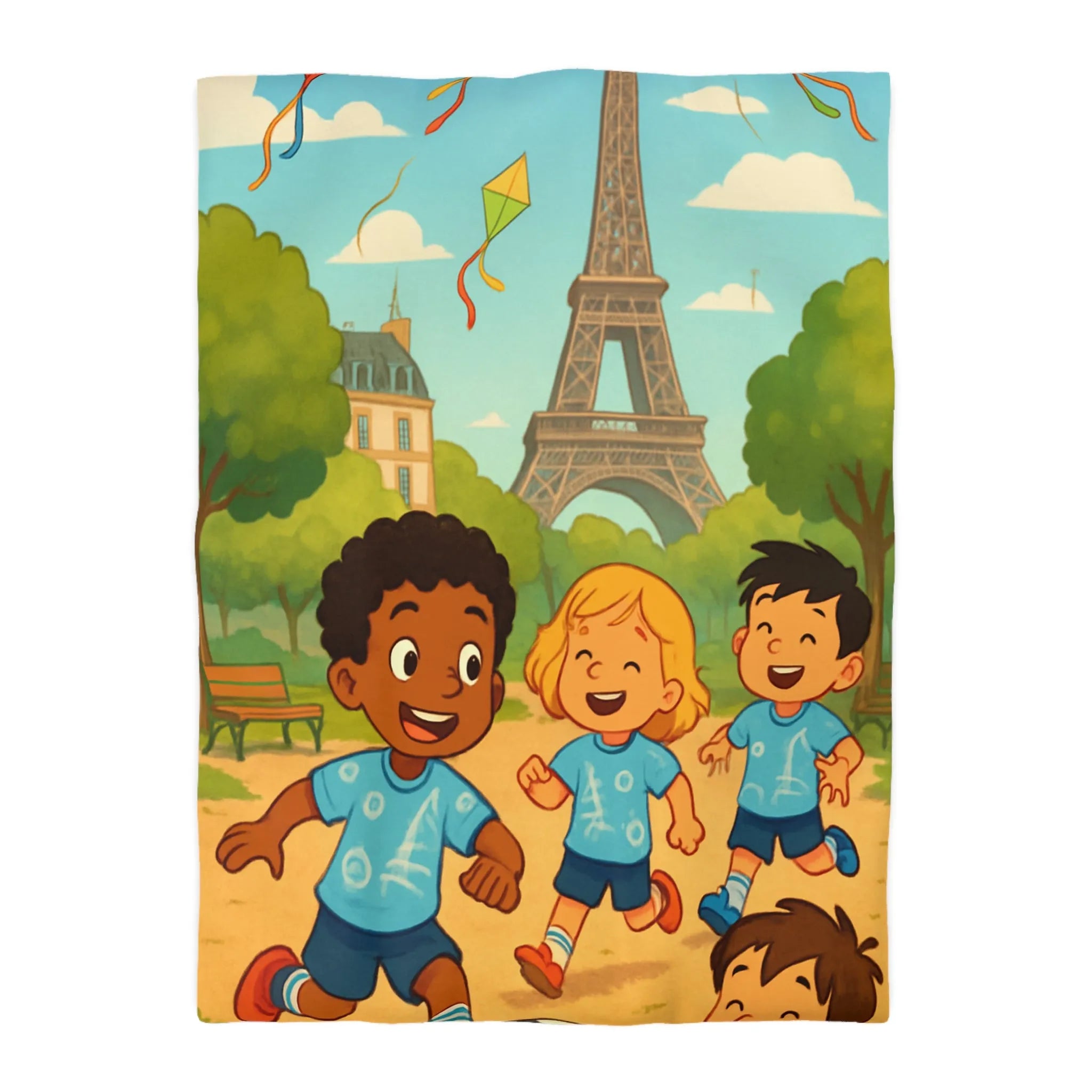 Housse de couette enfant avec tour iconique et cerfs-volants colorés en arrière-plan