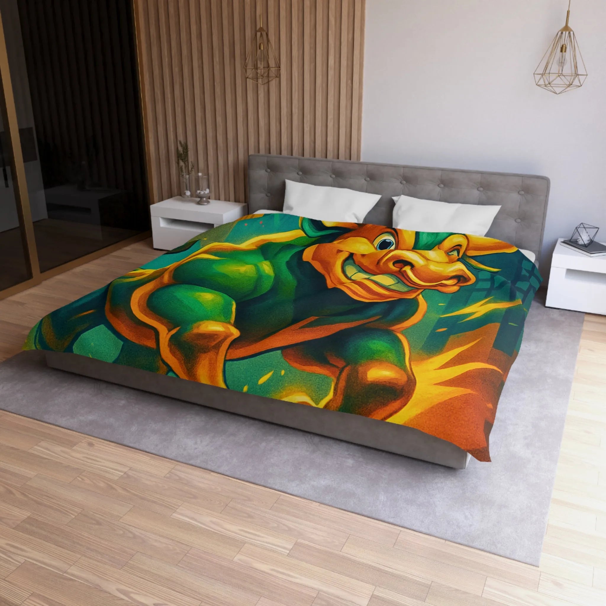 Housse de couette dynamique avec taureau optimiste et flèches de croissance urbaine