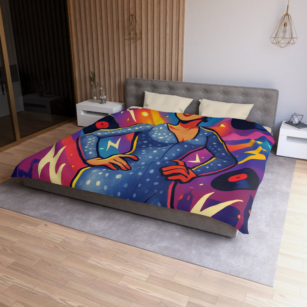 Housse de Couette Thématique Musique Vintage avec Femme dans Combinaison Étoilée Scintillante