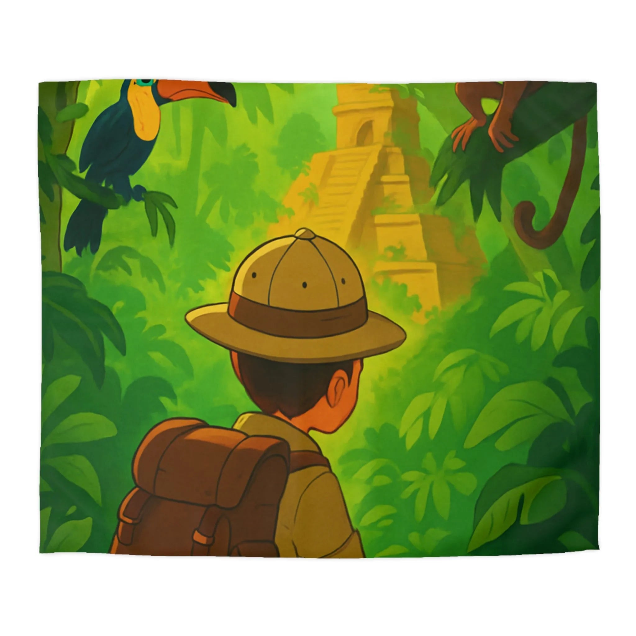 Housse de couette jungle avec aventurier, singe et toucan, ambiance explorateur