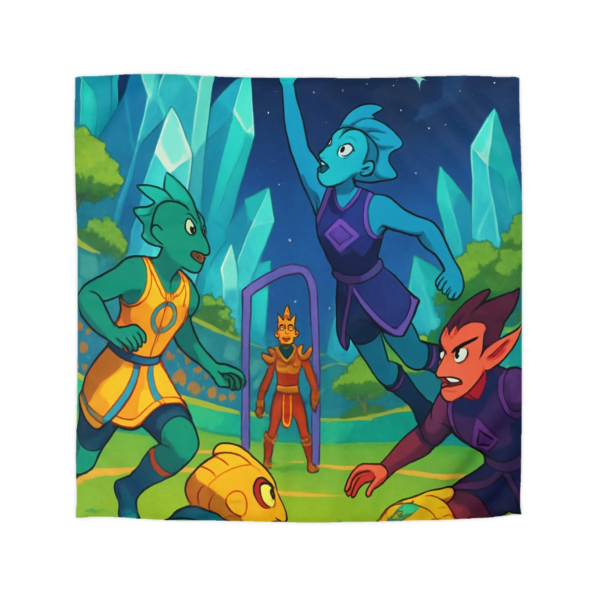 Housse de couette futuriste colorée avec match de sport extraterrestre surréaliste et dynamique