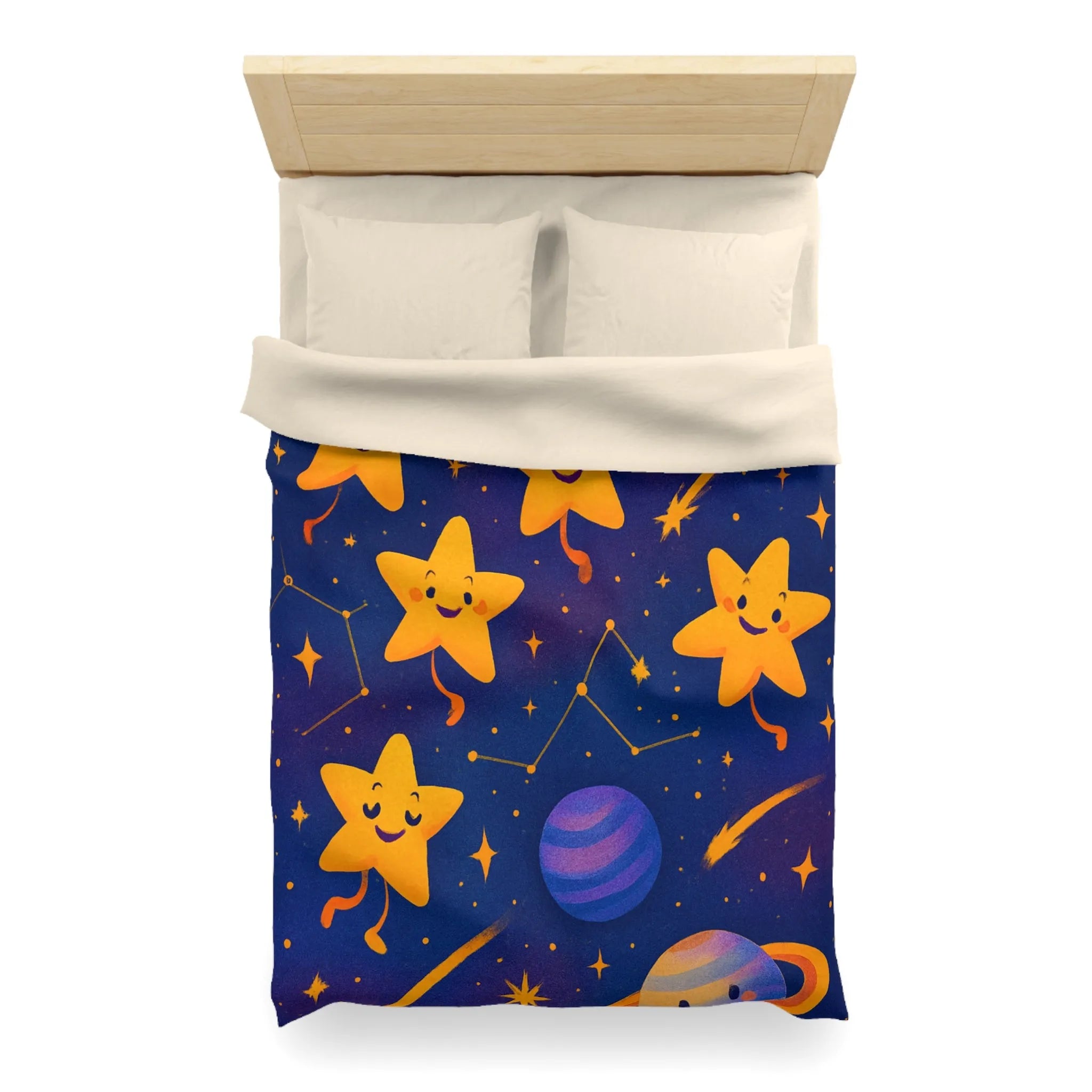 Housse de couette avec étoiles souriantes et planètes cartoon pour chambre d'enfant