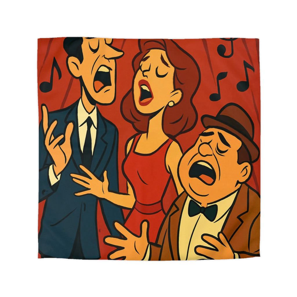 Ensemble vocal vintage animé exubérant, scène musicale rétro avec fond rouge et notes