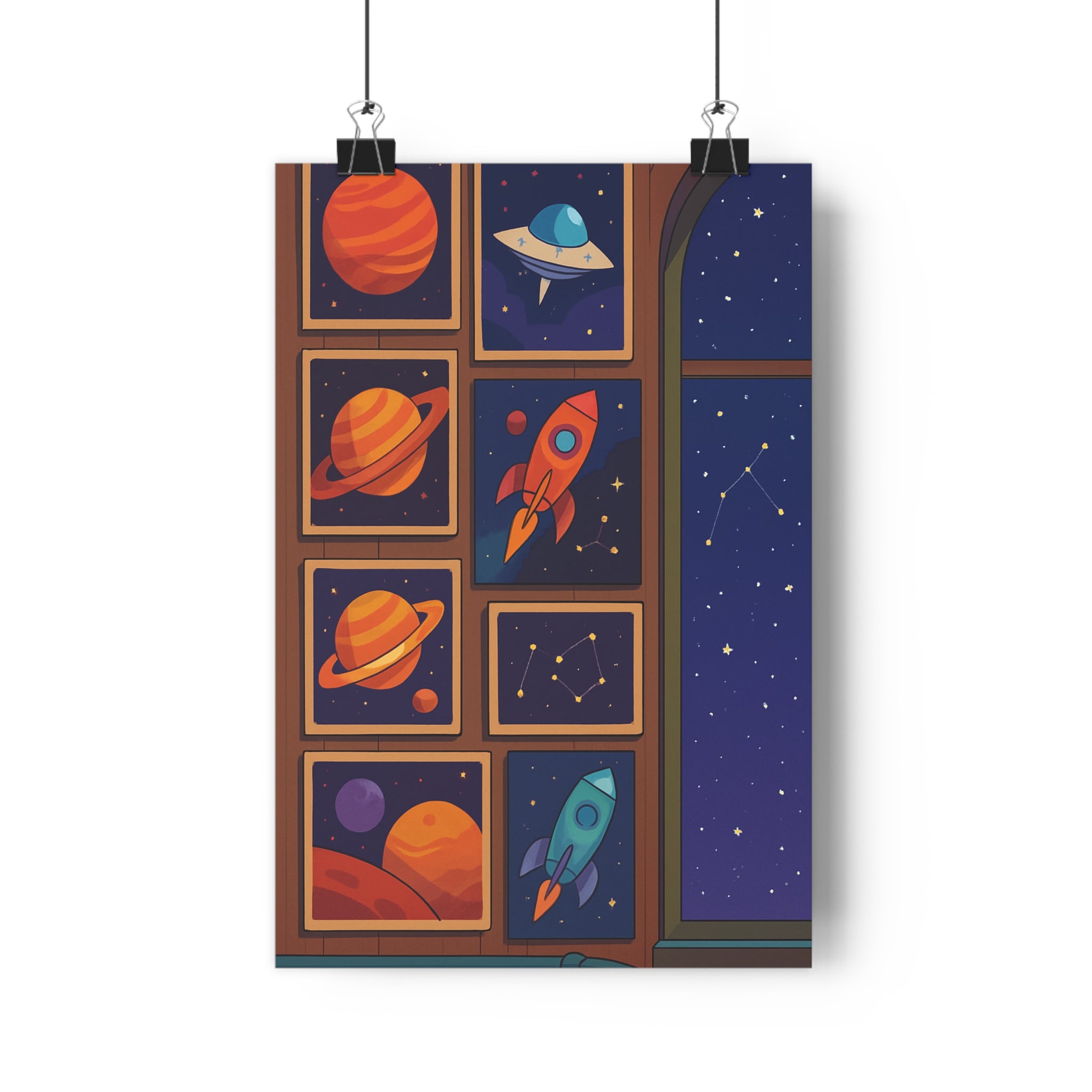 Poster décoratif animé espace bleu orange futuriste aventure enfant chambre art mural cosmique qualité