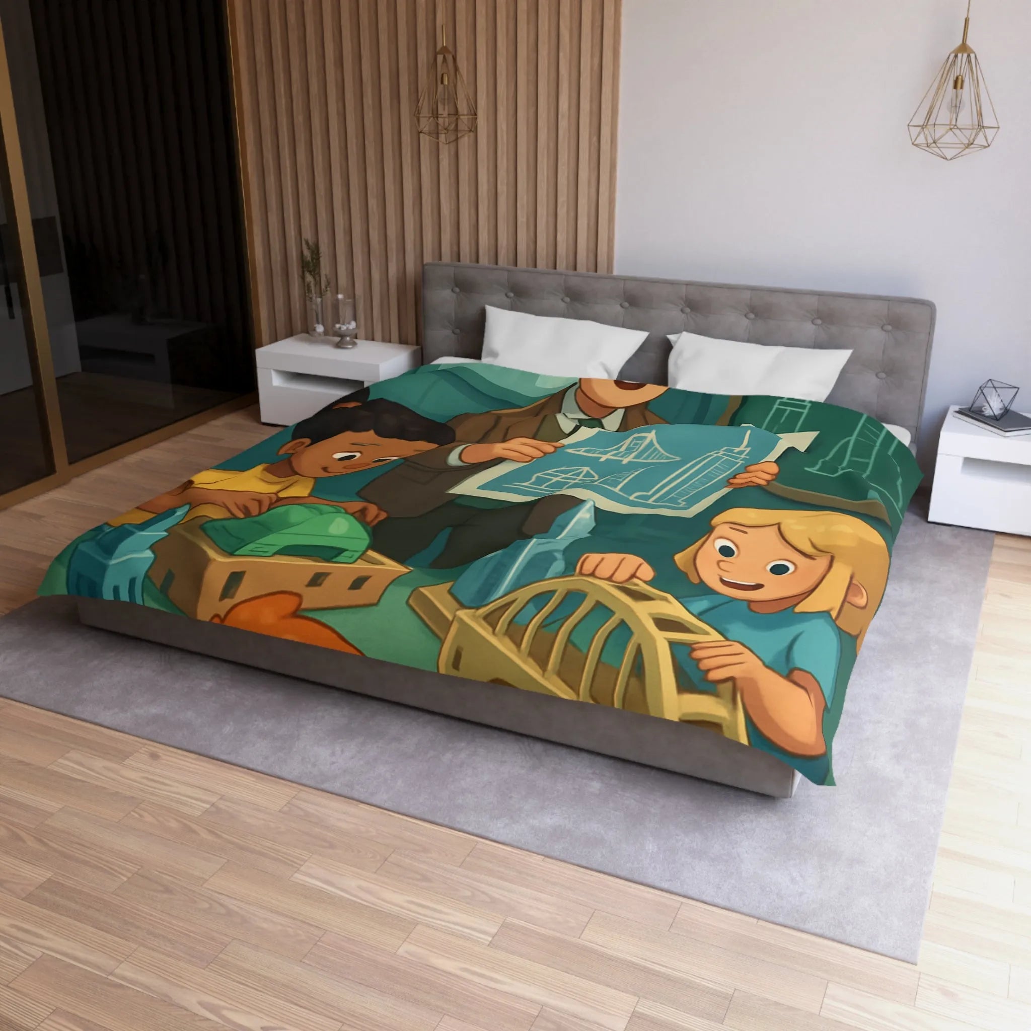 Housse de Couette Enfants Illustrant Un Atelier de Construction Ludique et Éducatif