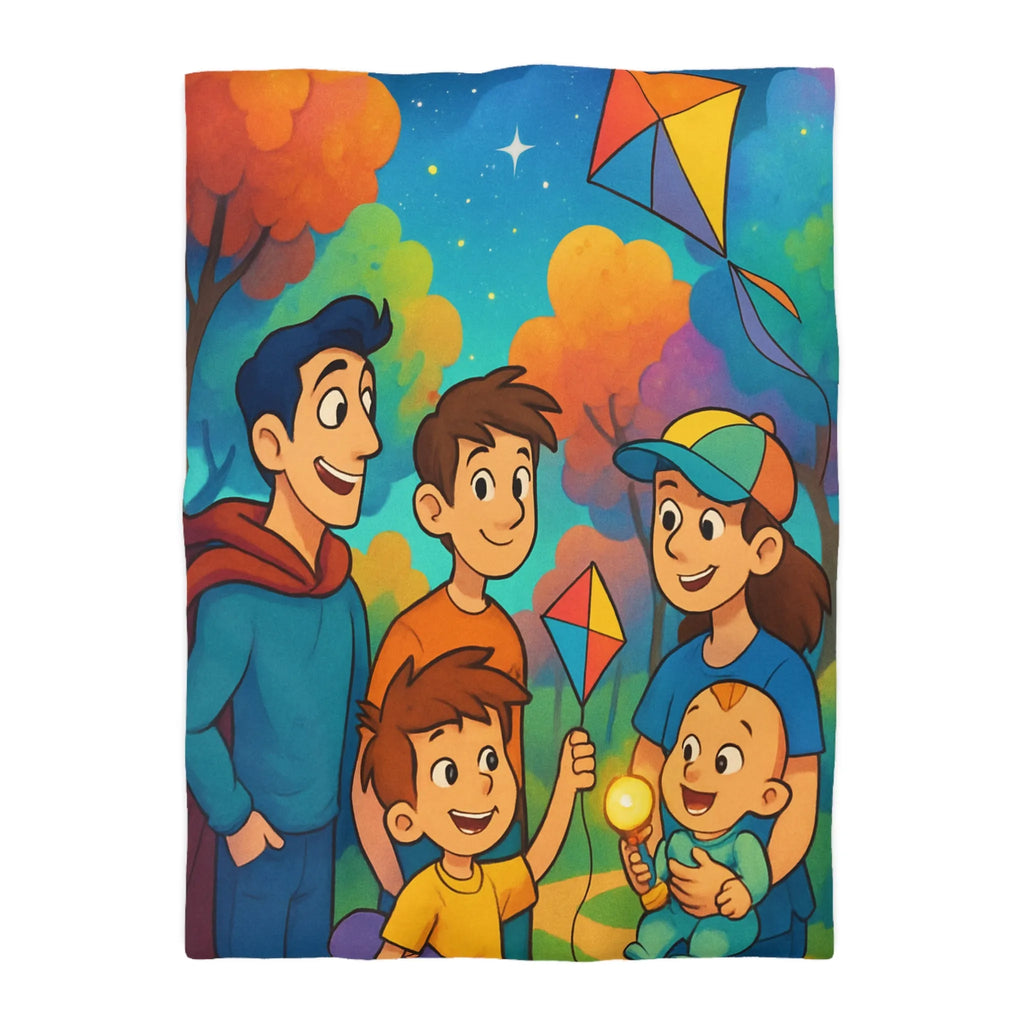 Housse de Couette Enfantine avec Cerfs-Volants et Ciel Étoilé dans Forêt Colorée