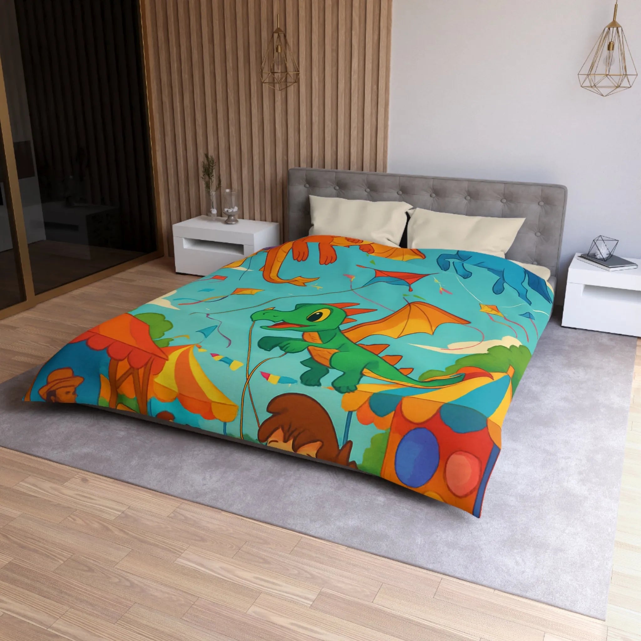 Envolée de cerfs-volants dragons et licorne sous un ciel bleu auberge festival