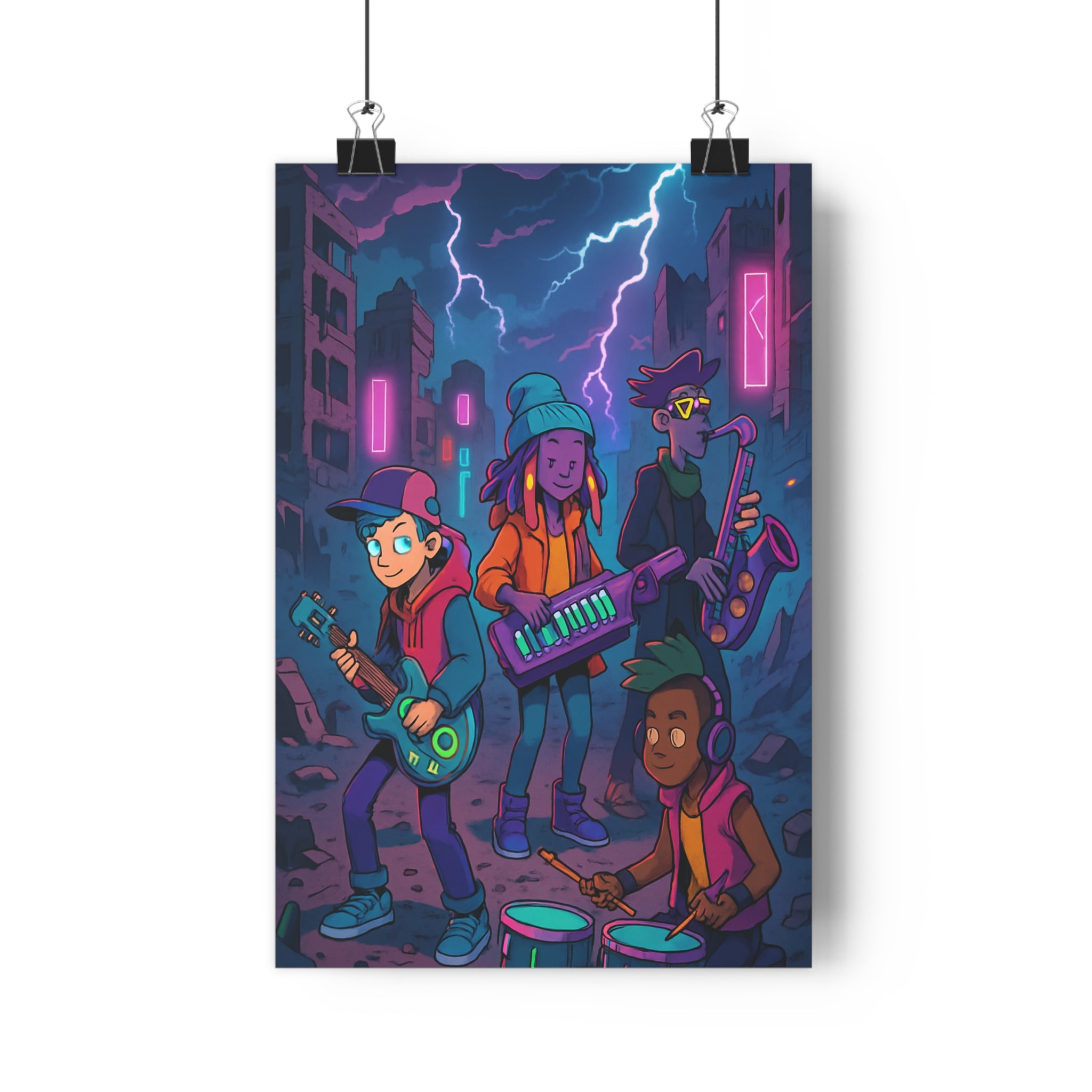 Poster décoratif anime cyberpunk néon futuriste urbain moderne coloré dynamique salon chambre tendance musiciens