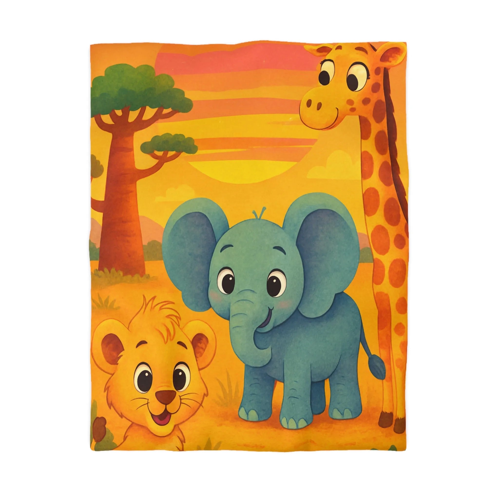 Housse de couette enfants safari animaliers avec lion, éléphant et girafe rigolos