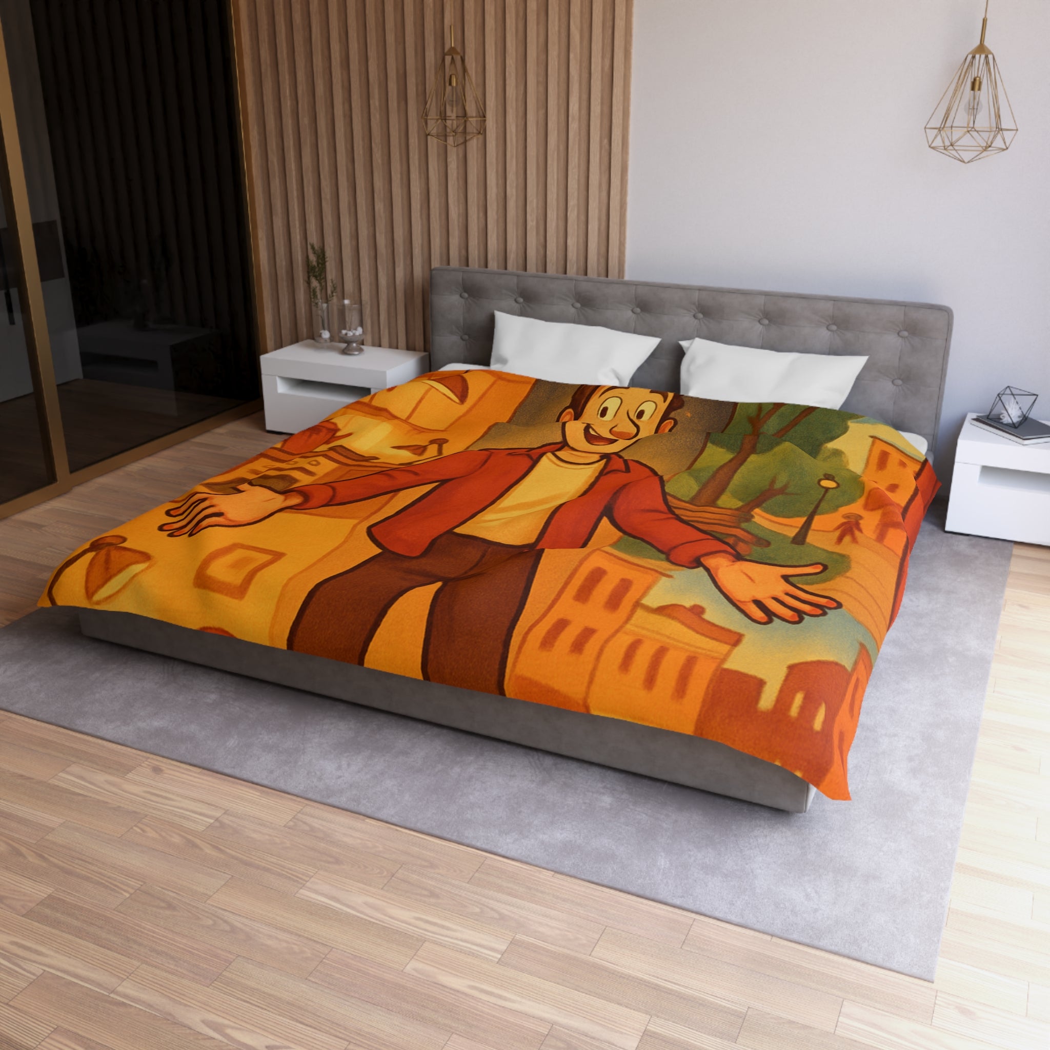 Housse de Couette Théâtrale avec Scène d'Intérieur et Extérieur Ville Colorée