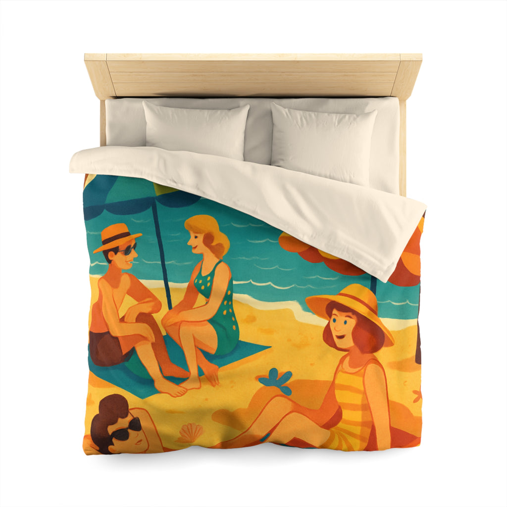 Housse de couette rétro plage colorée avec palmiers, parasols et amis au soleil