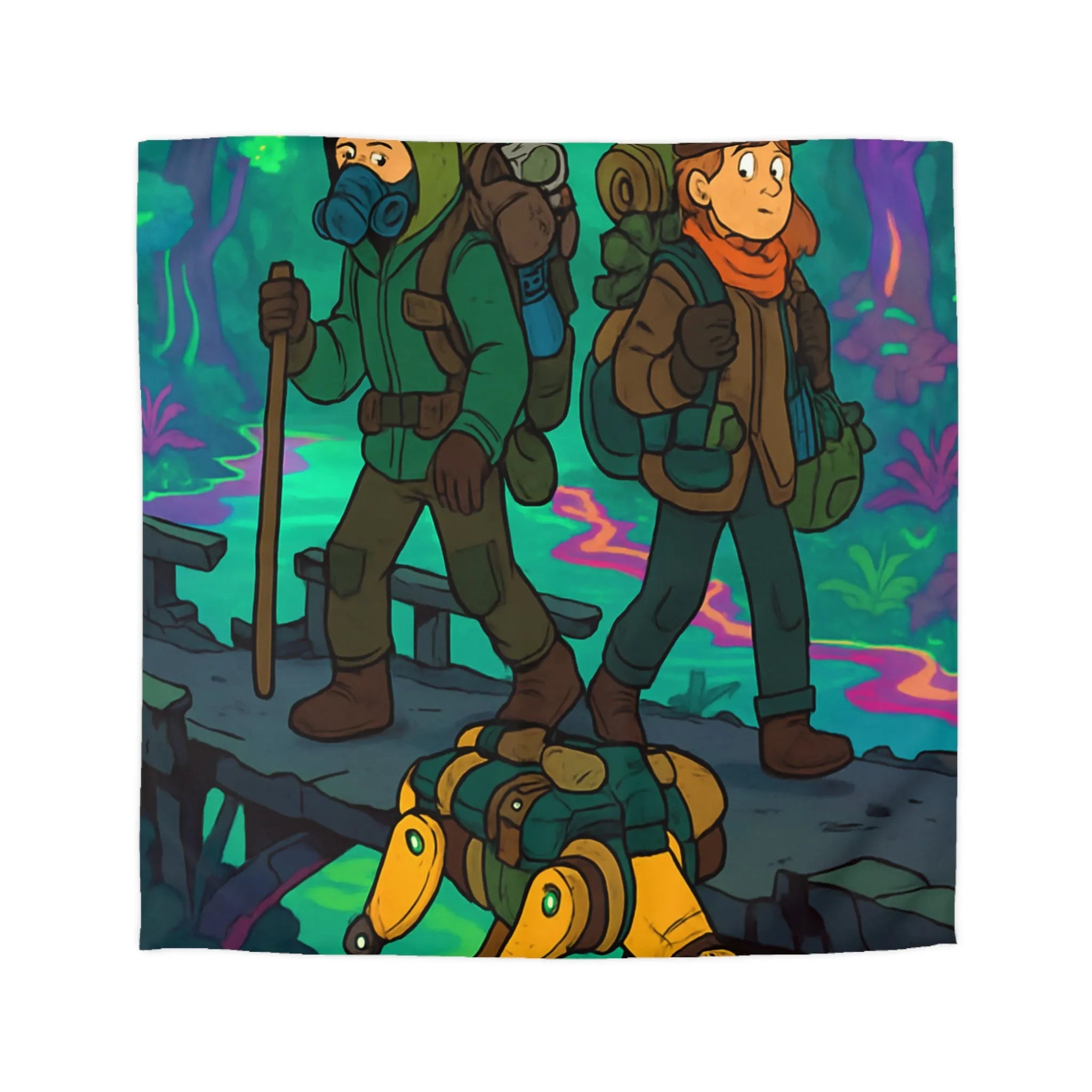 Housse de couette d'aventure forestière avec randonneurs et chien robot coloré et unique