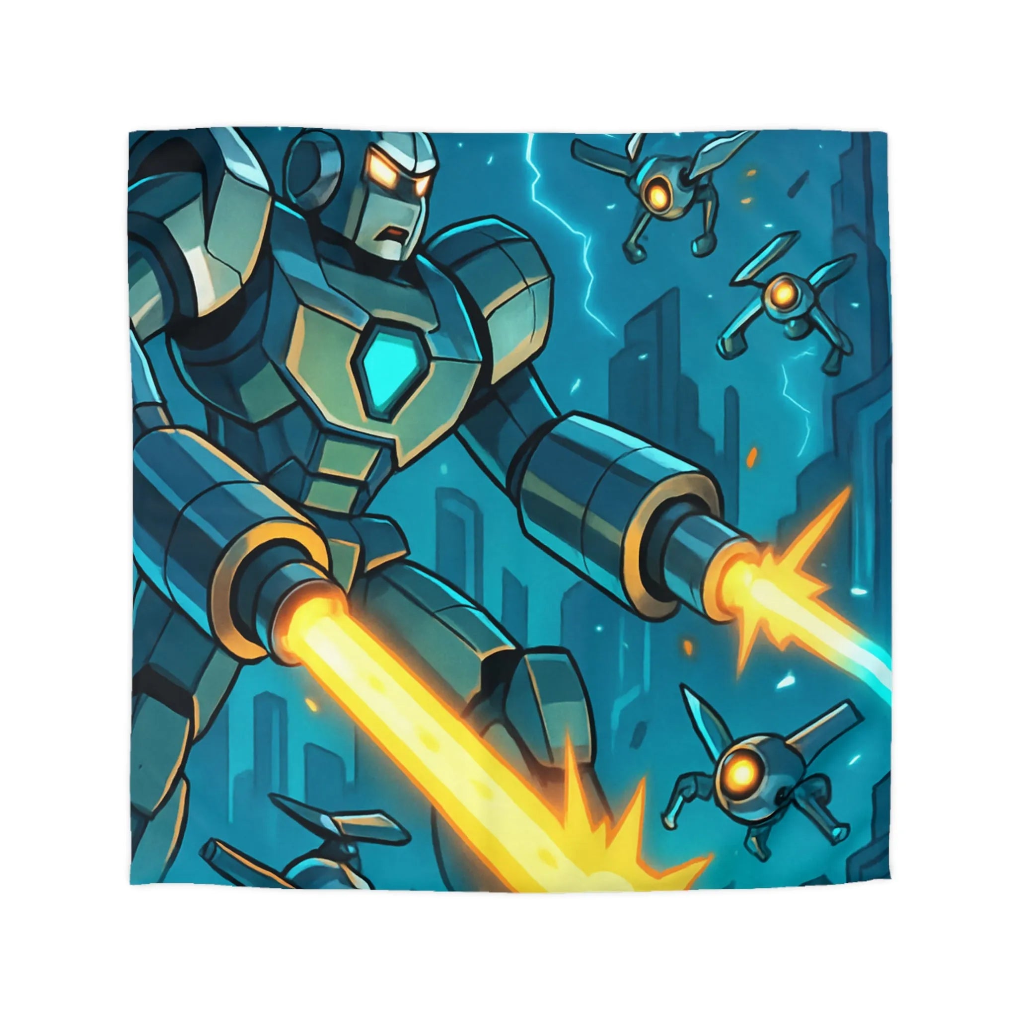 Housse de couette illustrant un robot tirant des lasers dans une ville futuriste la nuit