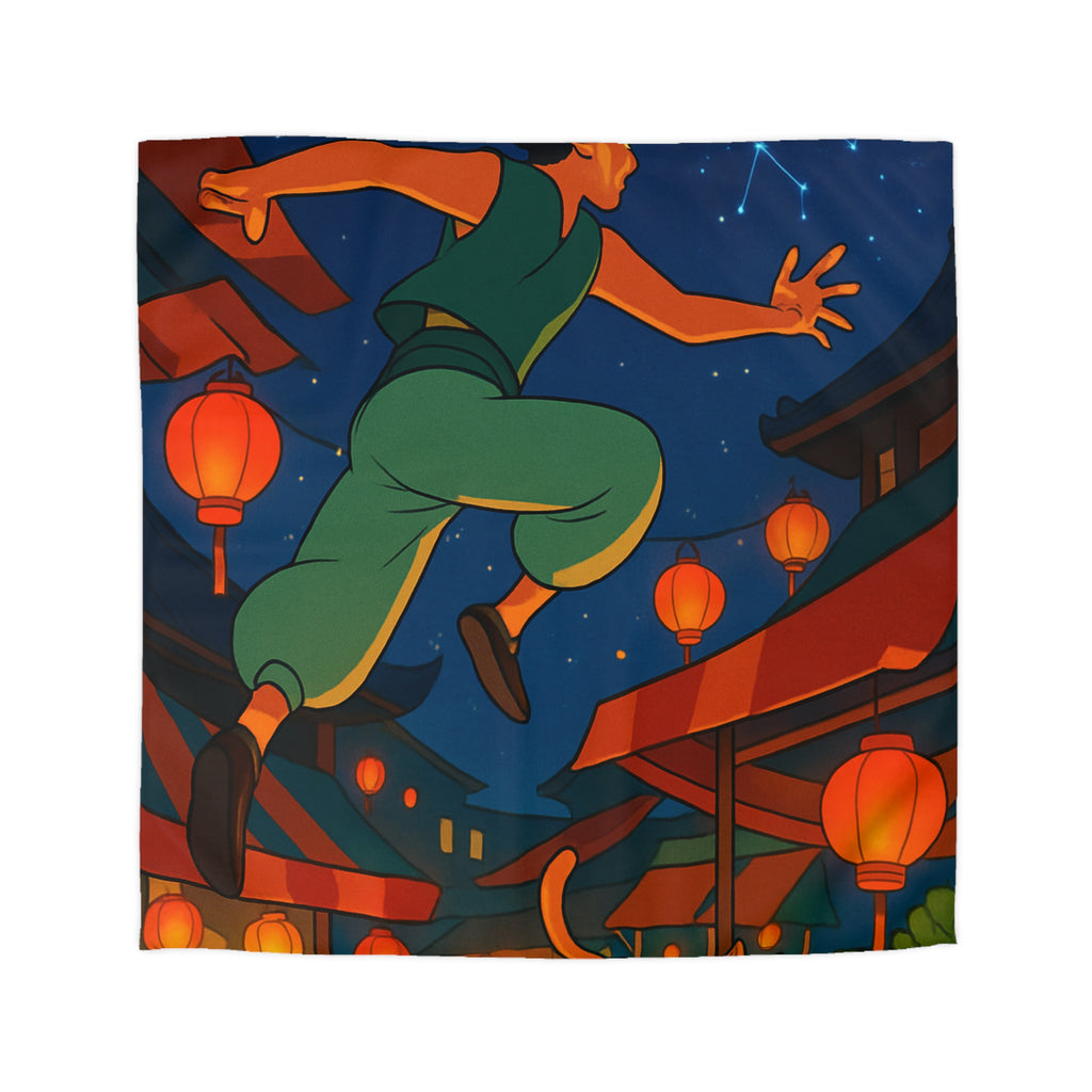 Housse de couette vibrante inspirée d'une scène de marché asiatique nocturne étoilé