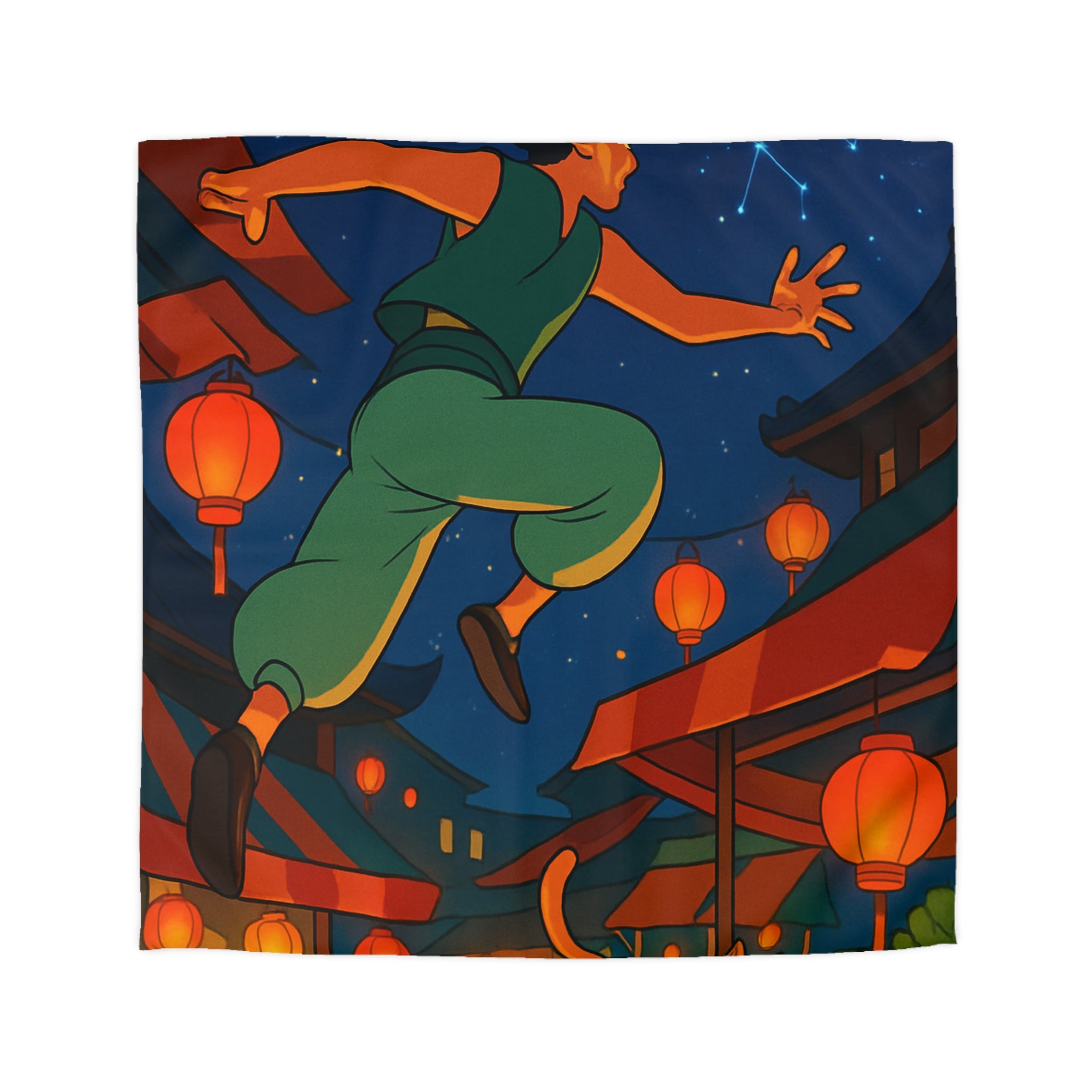 Housse de couette vibrante inspirée d'une scène de marché asiatique nocturne étoilé