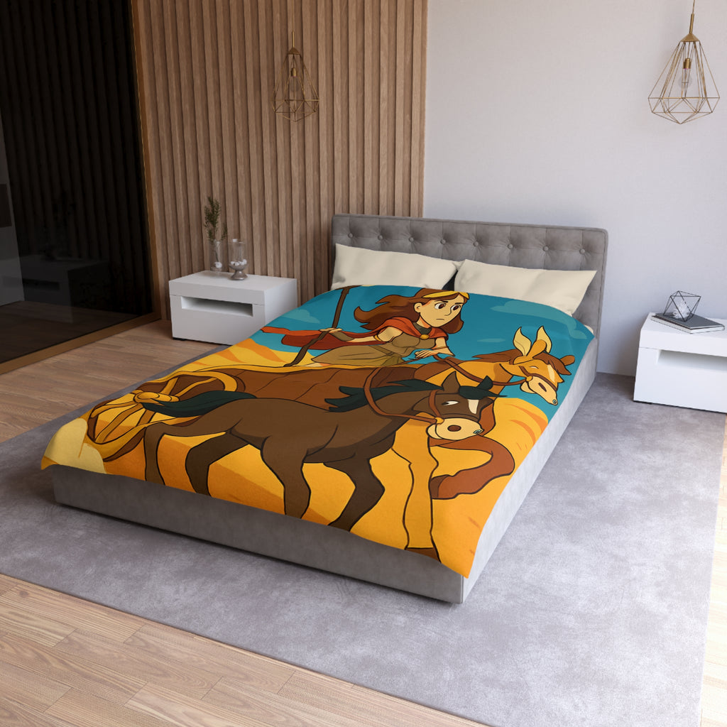 Housse de couette représentant guerrière en char avec chevaux marron dans désert animé