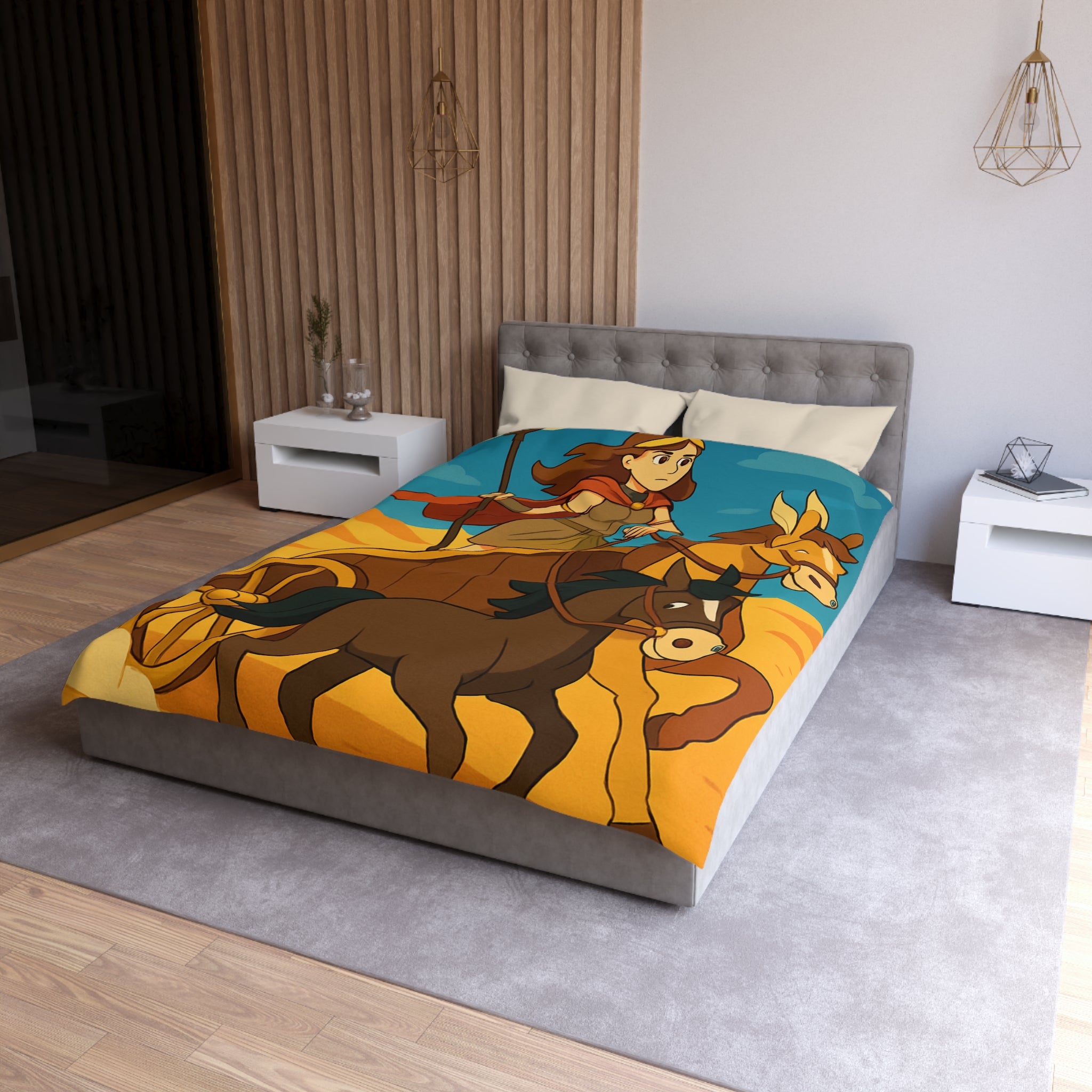 Housse de couette représentant guerrière en char avec chevaux marron dans désert animé