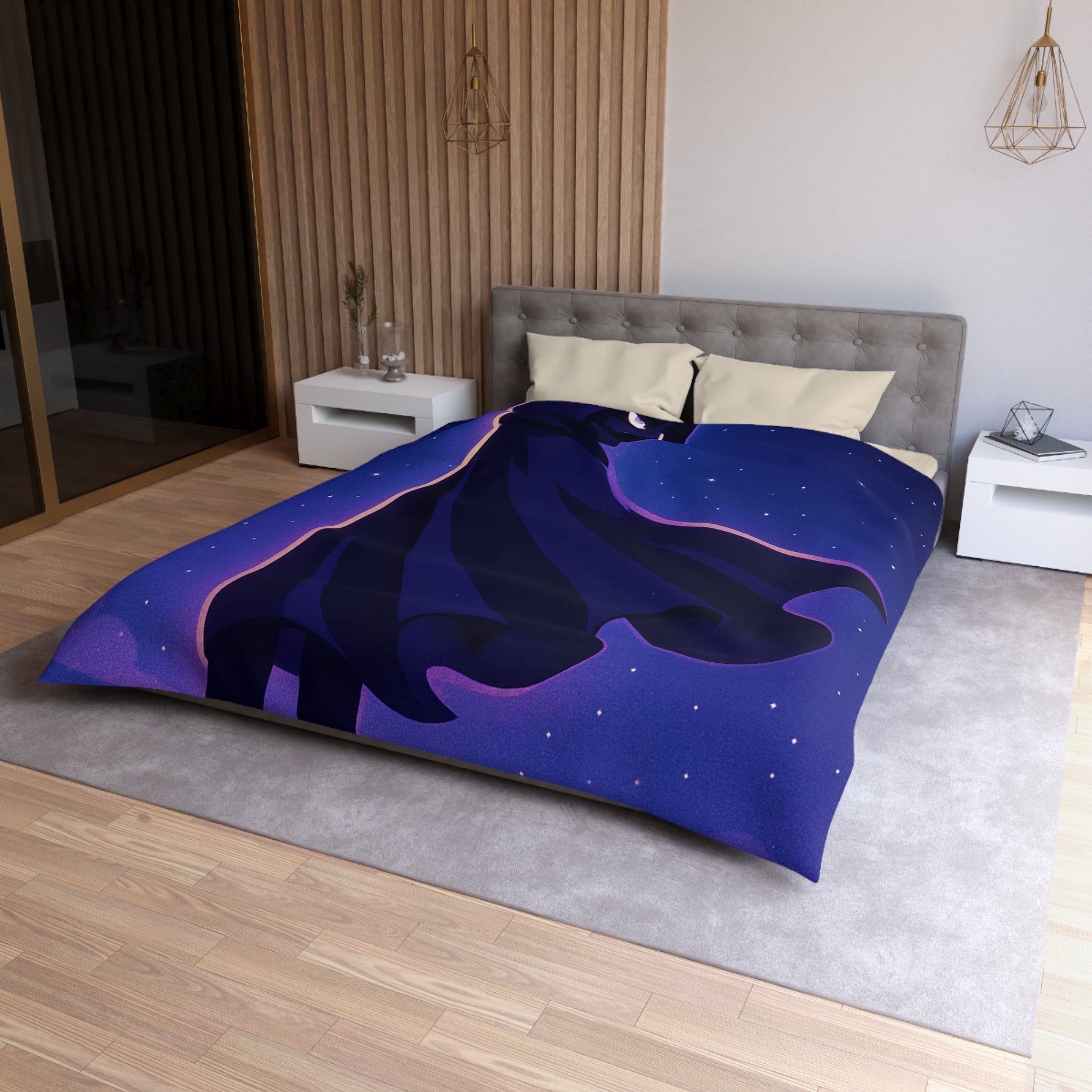 Housse de couette mystérieuse avec silhouette en cape sous un ciel étoilé magique