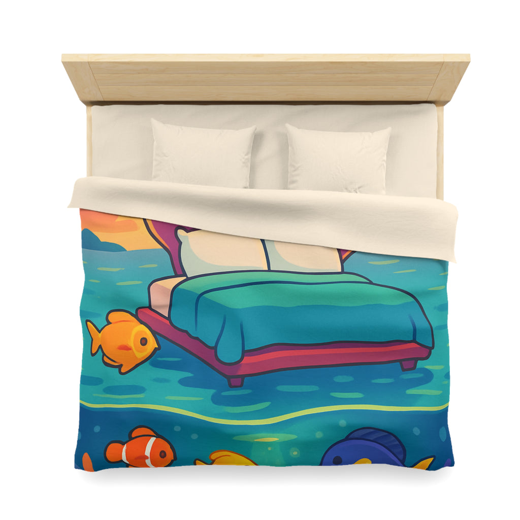 Housse de couette océan, lit coquillage, poissons tropicaux, ambiance coucher de soleil