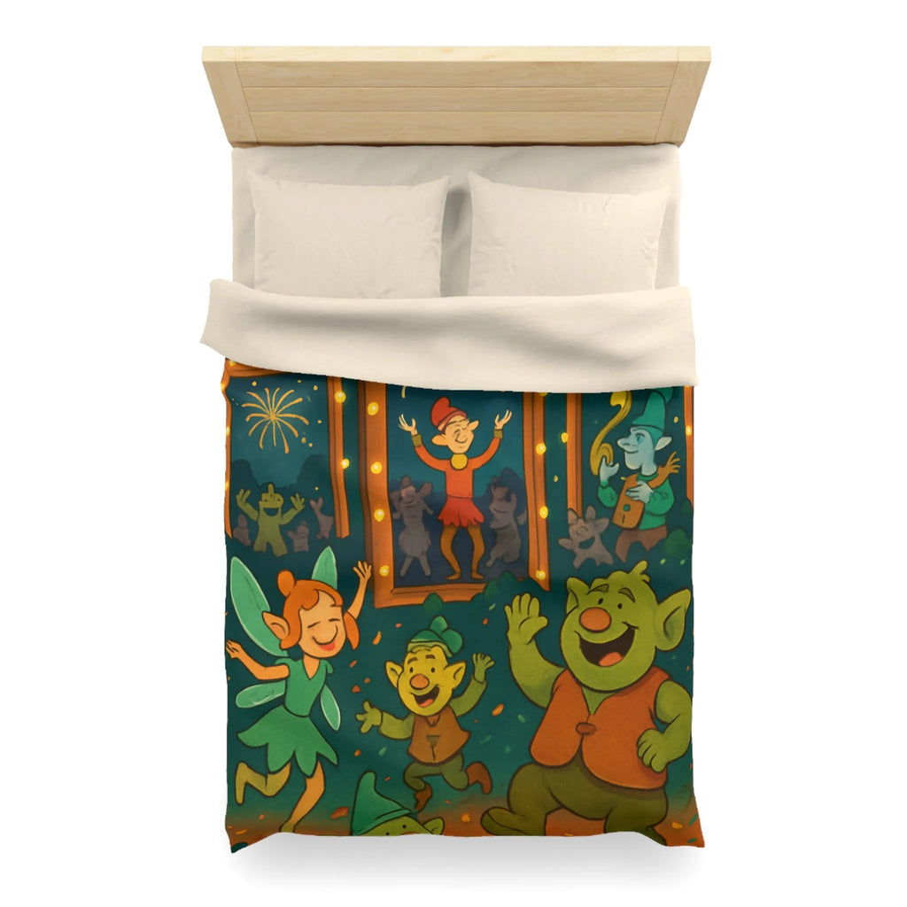 Housse de couette colorée avec lutins dans une fête enchantée sous feux d'artifice