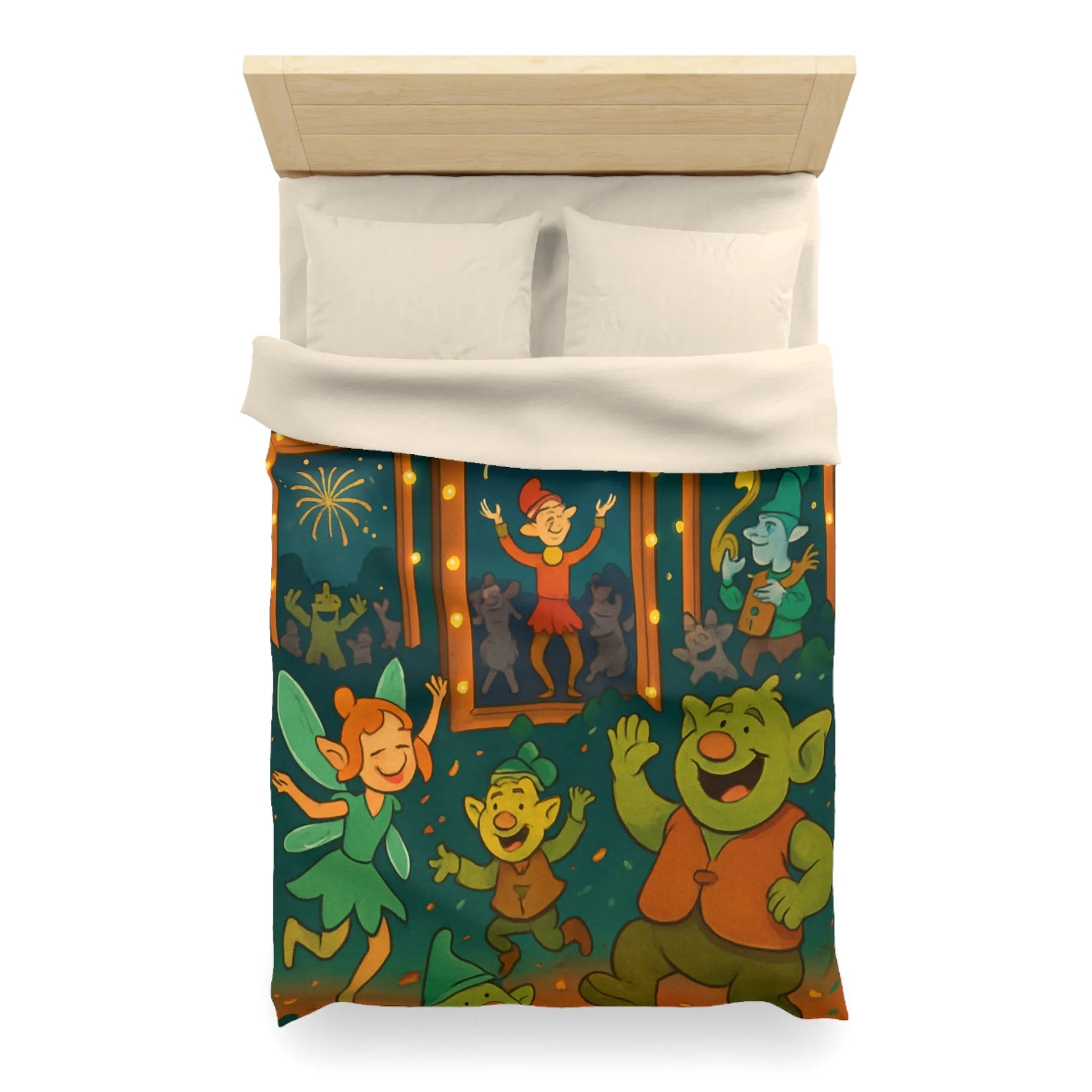 Housse de couette colorée avec lutins dans une fête enchantée sous feux d'artifice